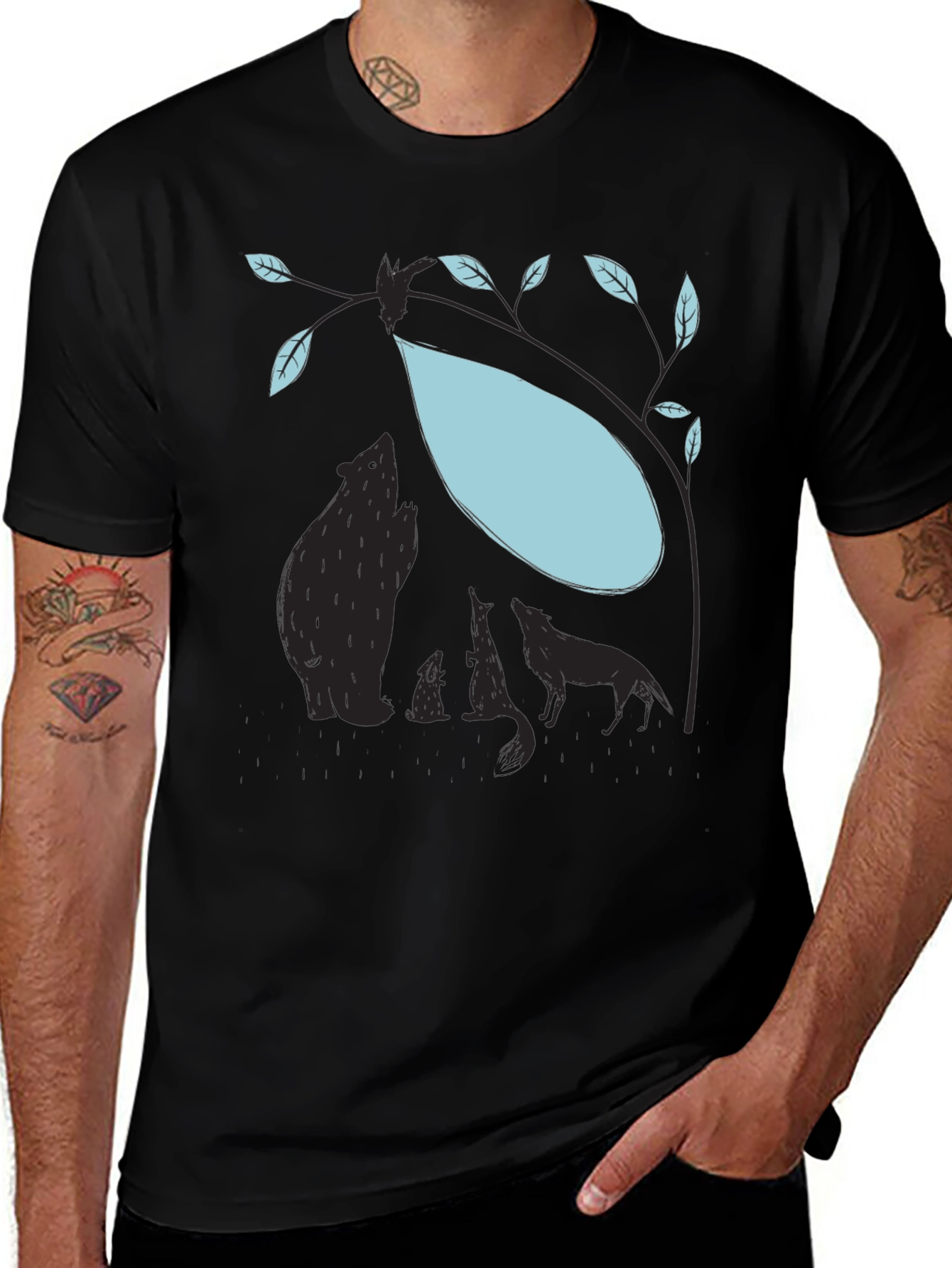 Nature Silhouette Graphic Tee - Bear Wolf Tree Design