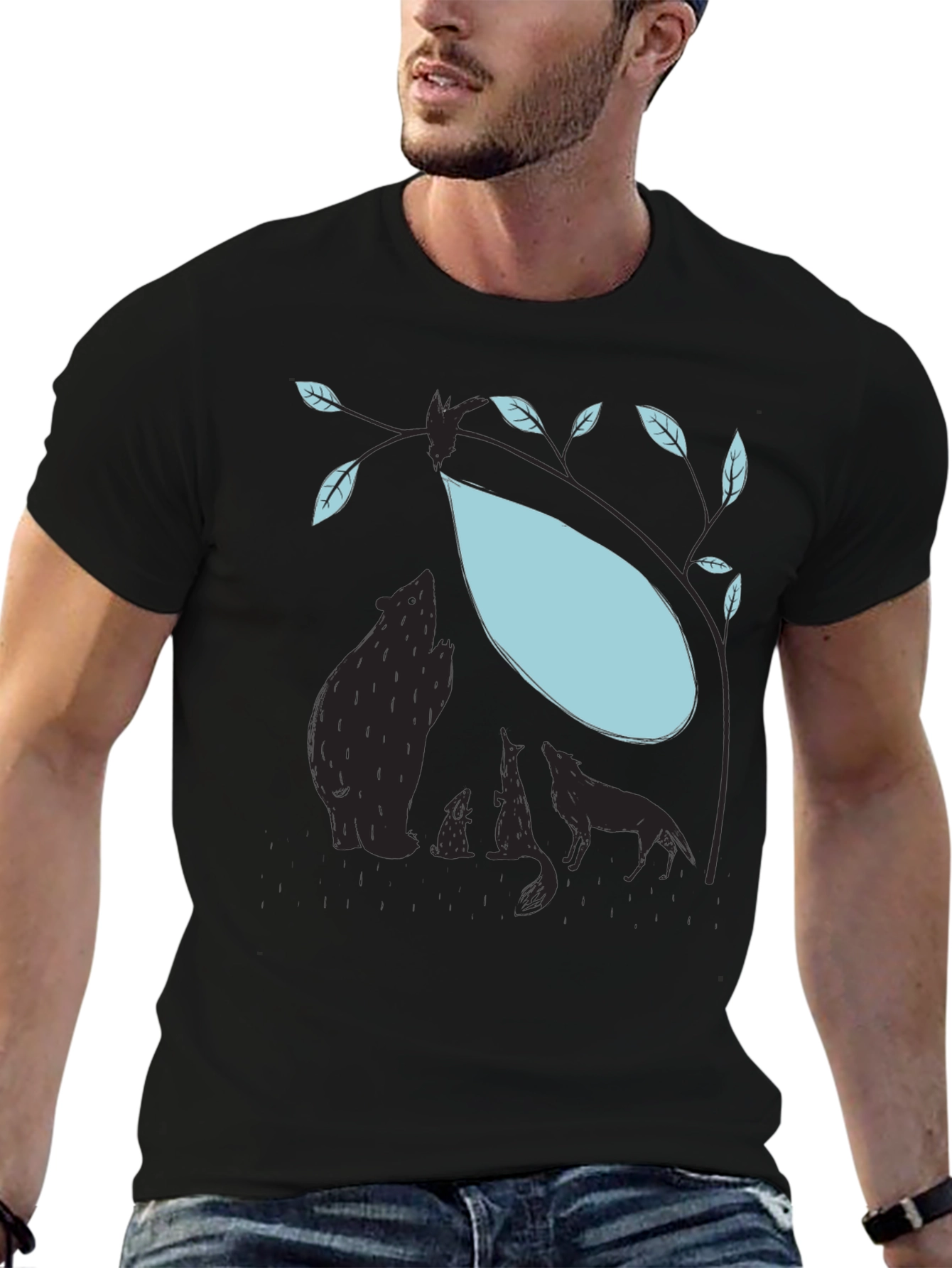 Nature Silhouette Graphic Tee - Bear Wolf Tree Design