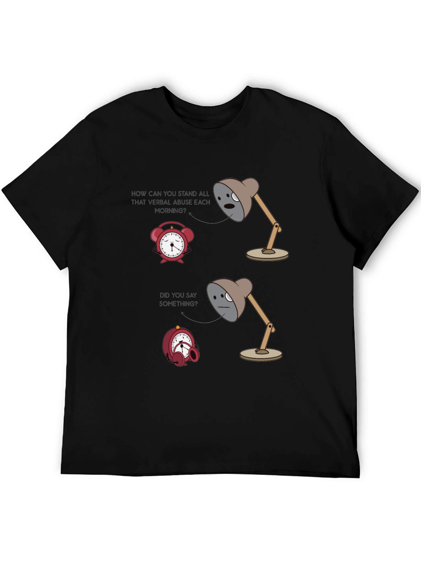 Humorous Graphic T-Shirt: Lamp & Alarm Clock Design