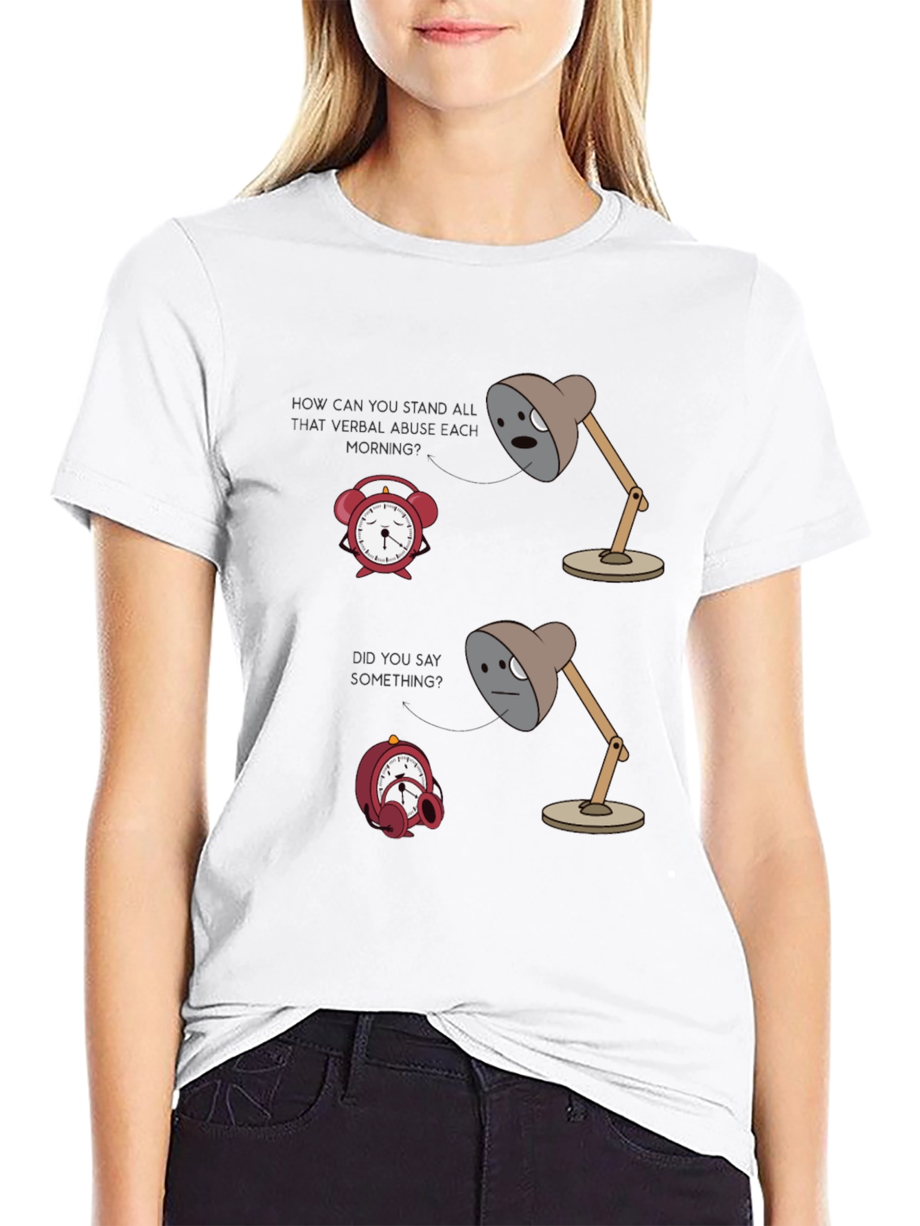 Humorous Graphic T-Shirt: Lamp & Alarm Clock Design