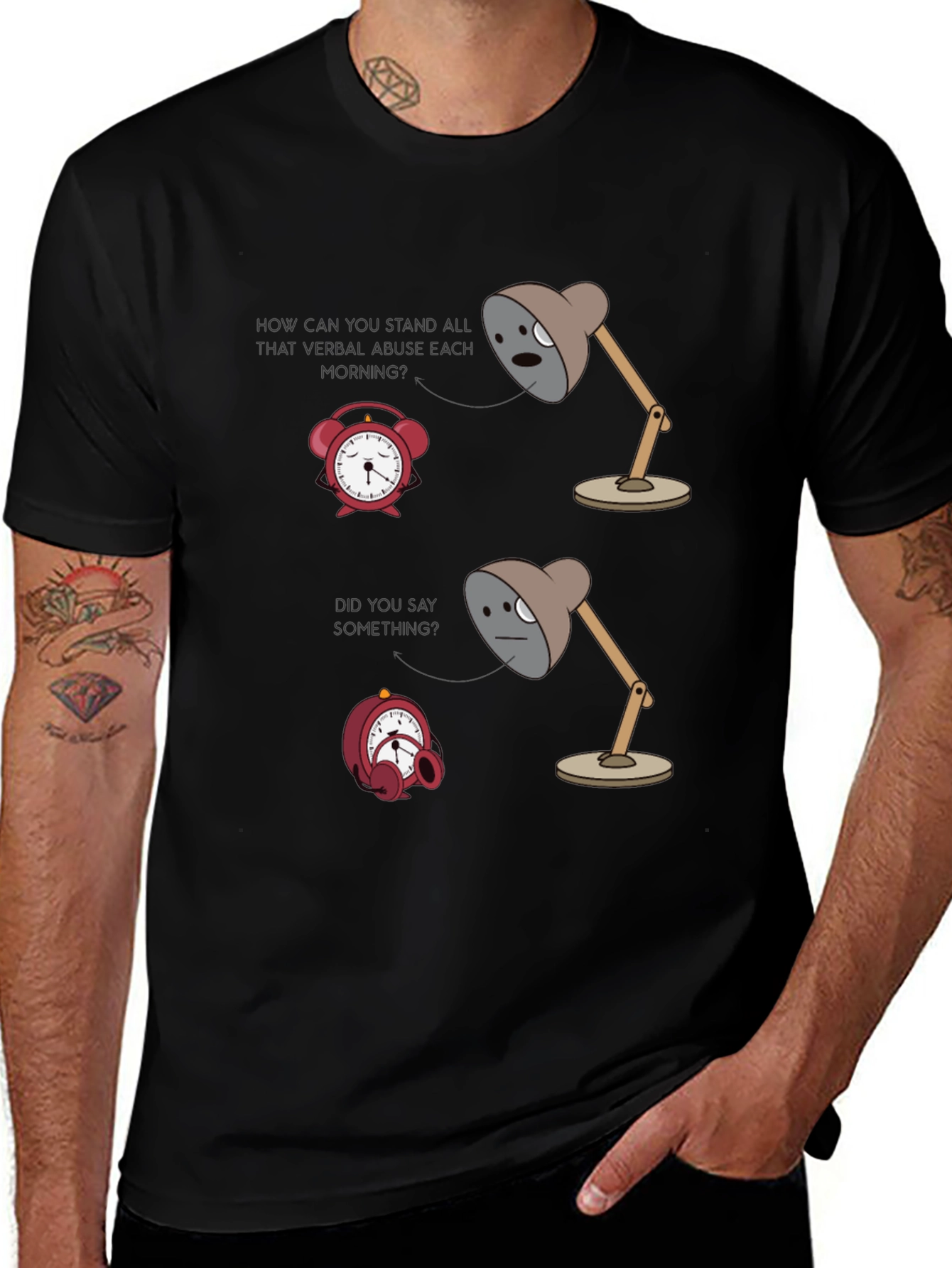 Humorous Graphic T-Shirt: Lamp & Alarm Clock Design