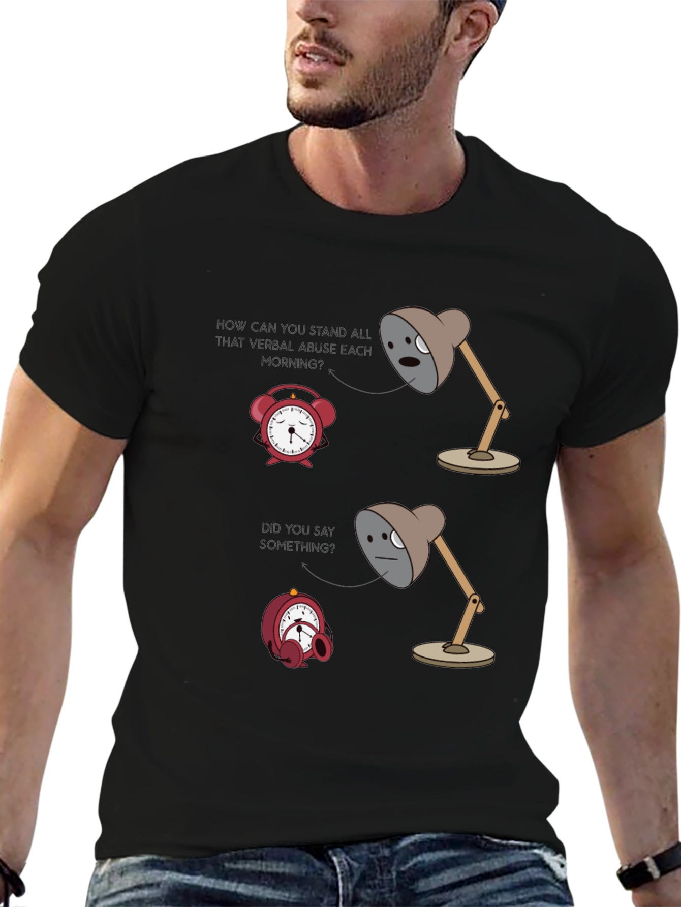 Humorous Graphic T-Shirt: Lamp & Alarm Clock Design