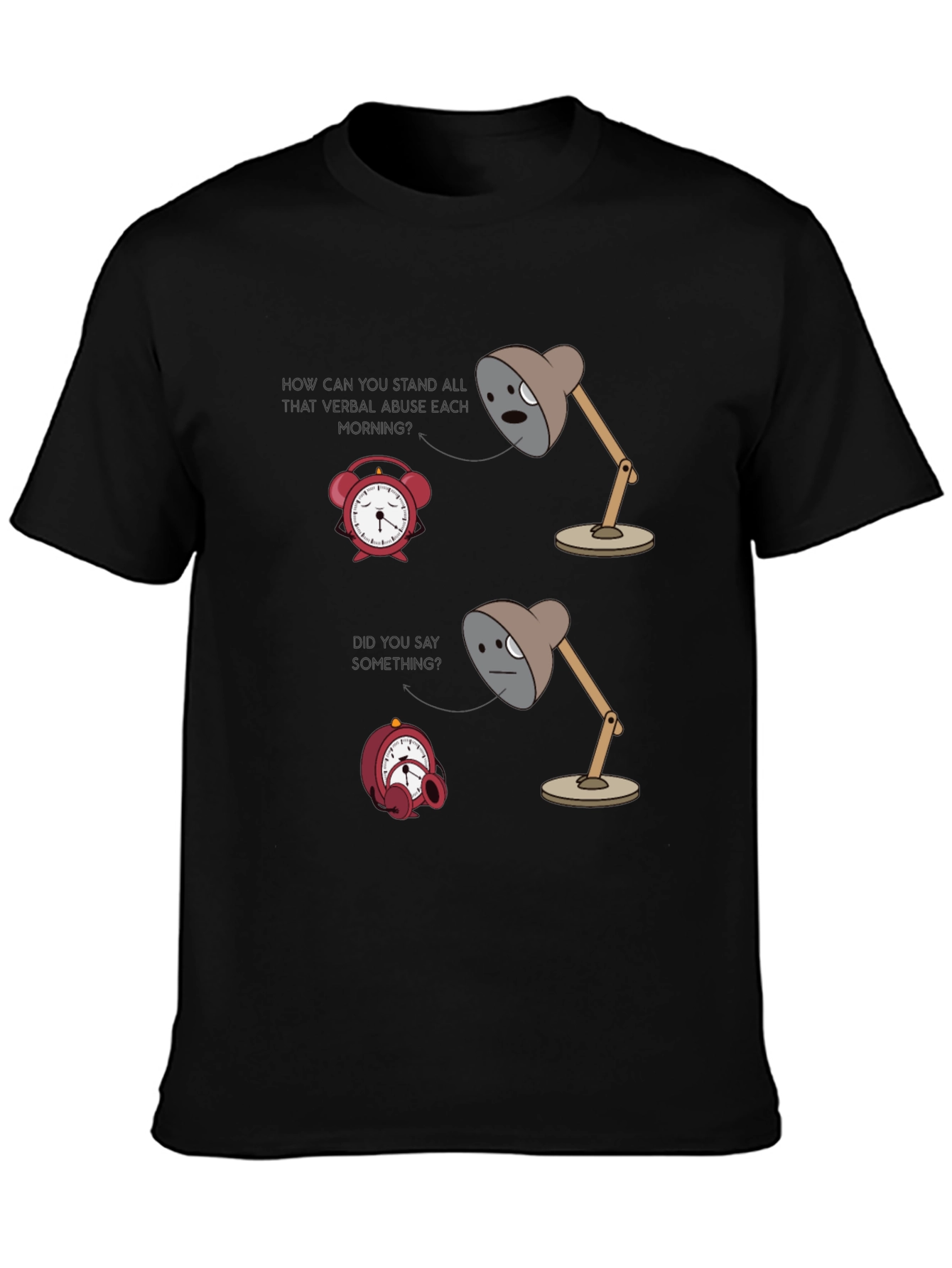 Humorous Graphic T-Shirt: Lamp & Alarm Clock Design