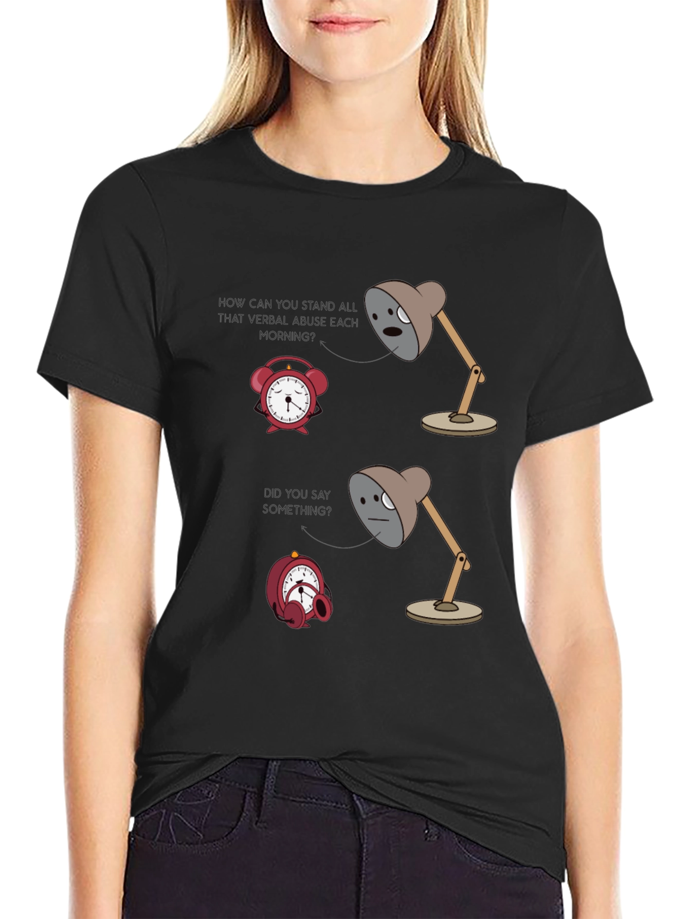 Humorous Graphic T-Shirt: Lamp & Alarm Clock Design