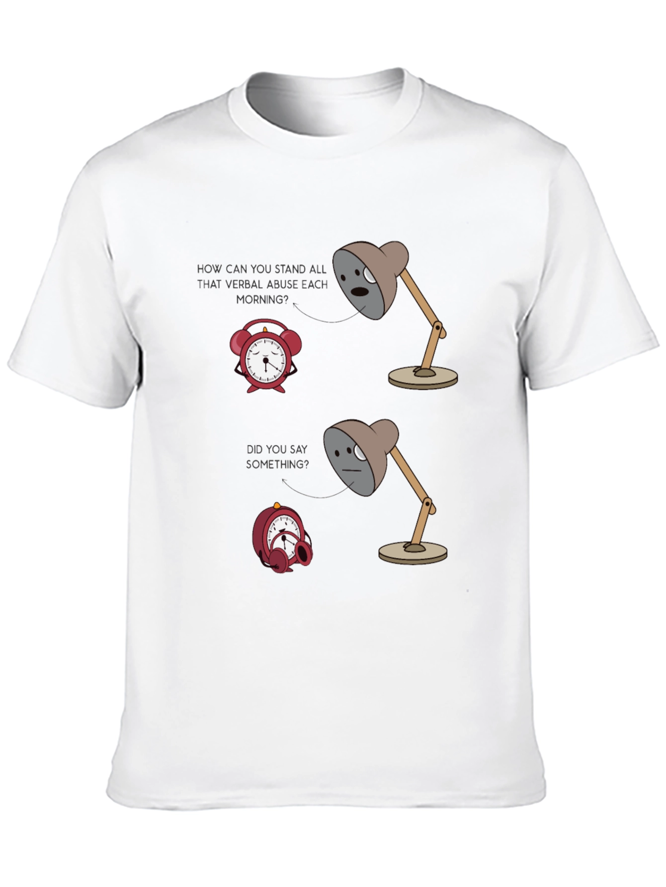Humorous Graphic T-Shirt: Lamp & Alarm Clock Design