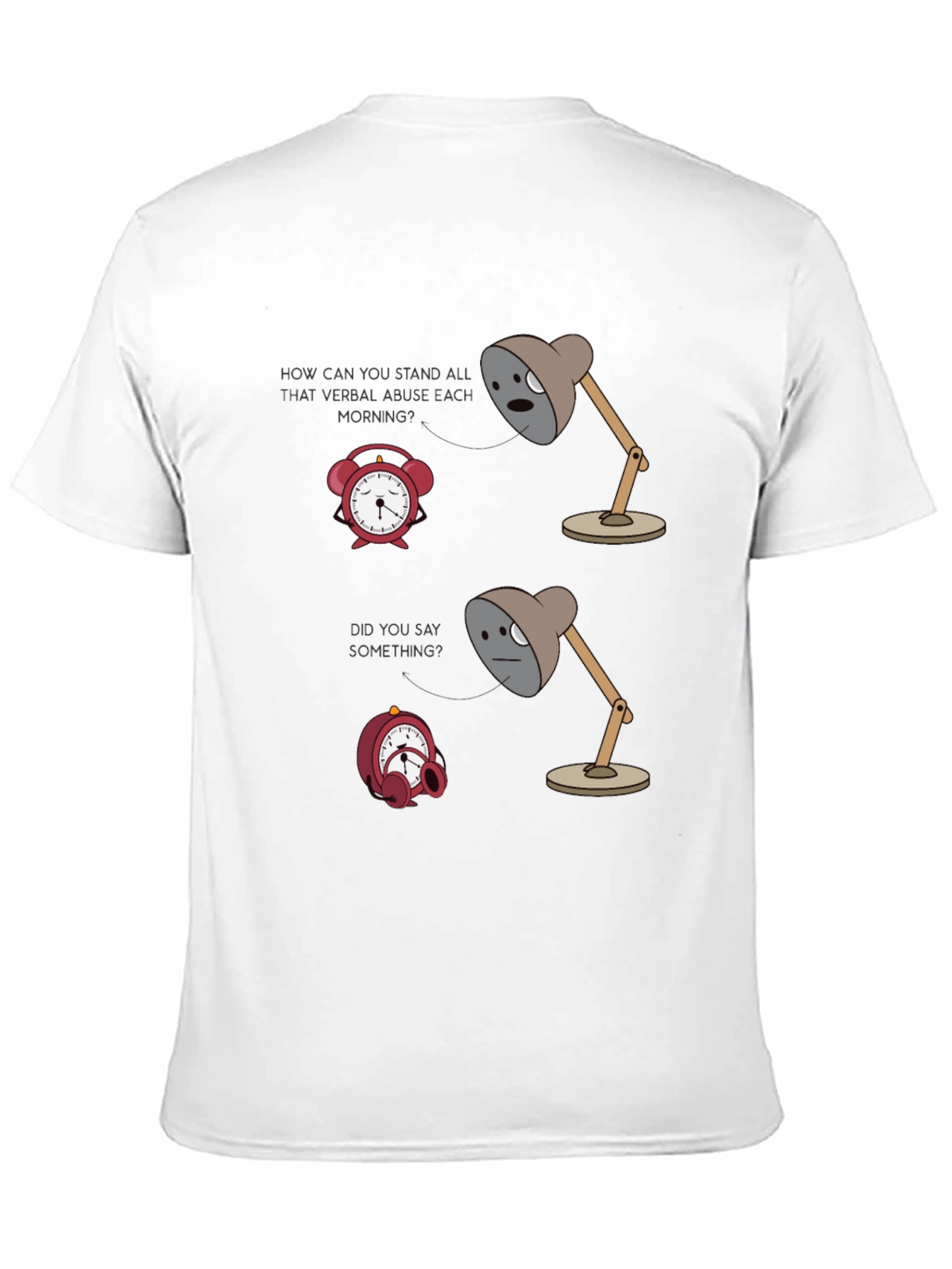 Humorous Graphic T-Shirt: Lamp & Alarm Clock Design