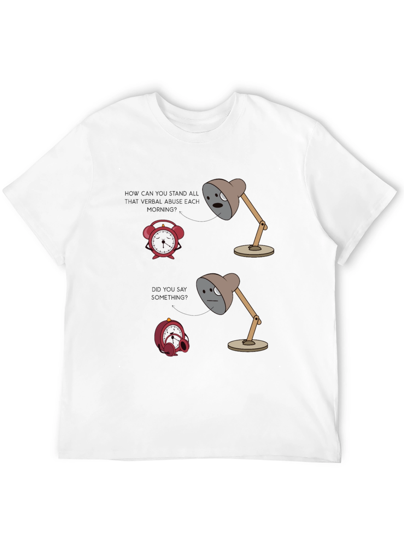 Humorous Graphic T-Shirt: Lamp & Alarm Clock Design