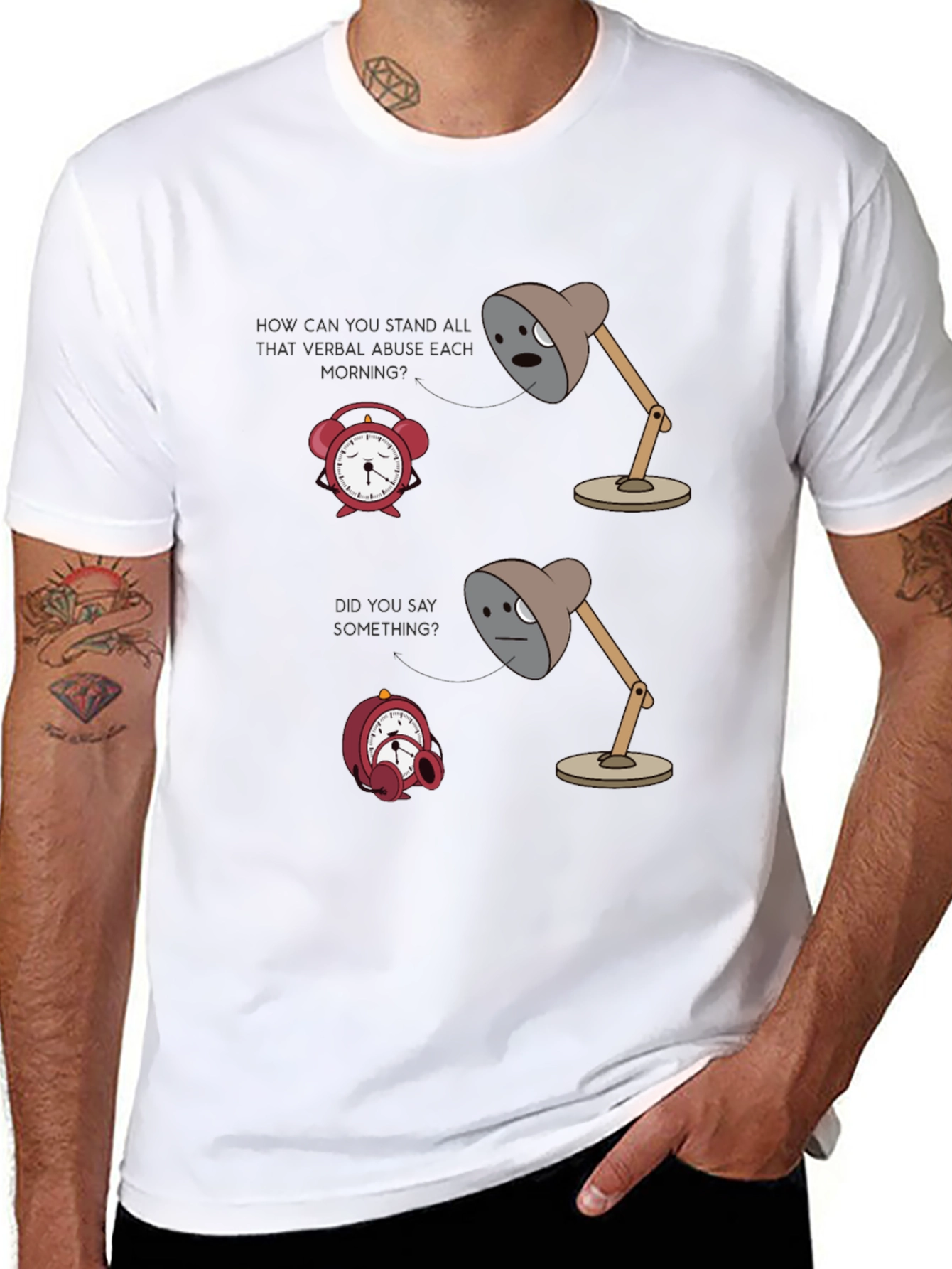 Humorous Graphic T-Shirt: Lamp & Alarm Clock Design