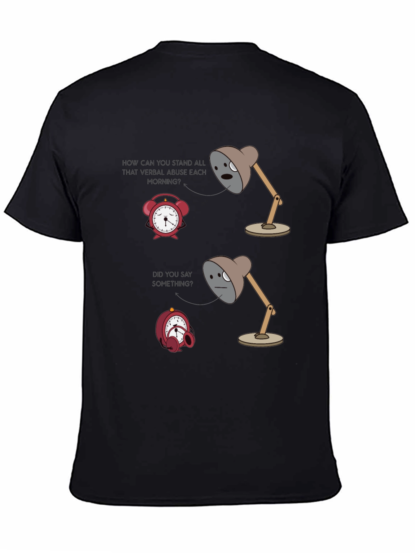 Humorous Graphic T-Shirt: Lamp & Alarm Clock Design