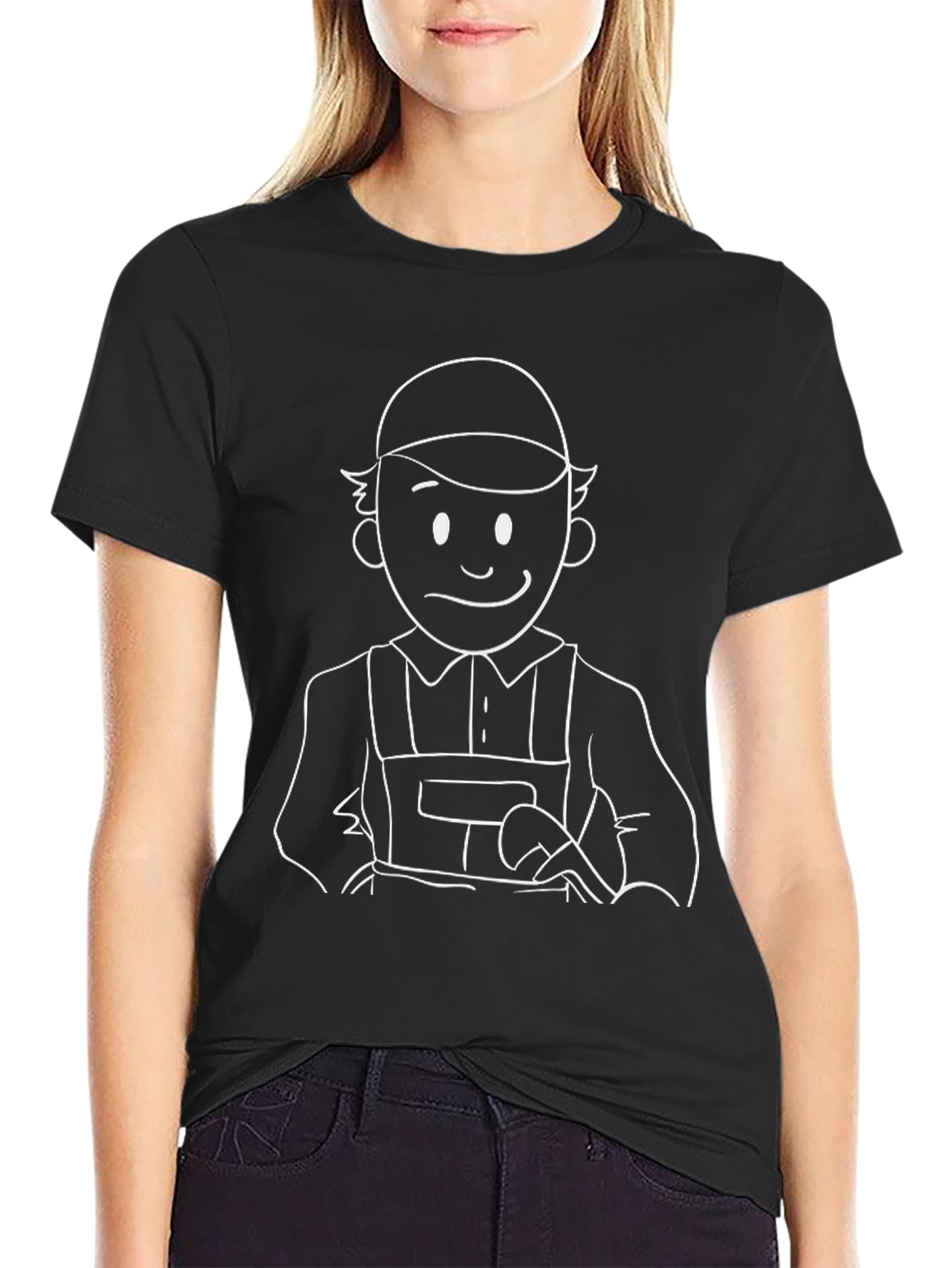 Cartoon Plumber Graphic Tee - Black Cotton T-Shirt
