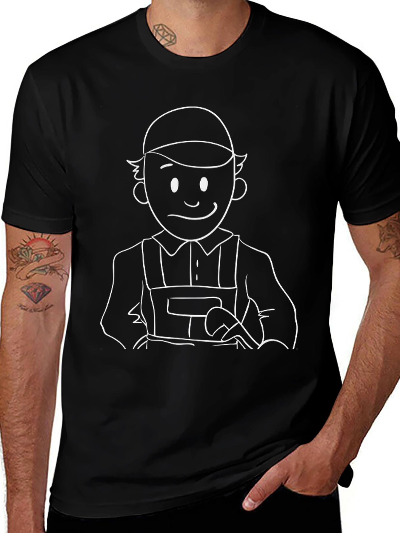 Cartoon Plumber Graphic Tee - Black Cotton T-Shirt