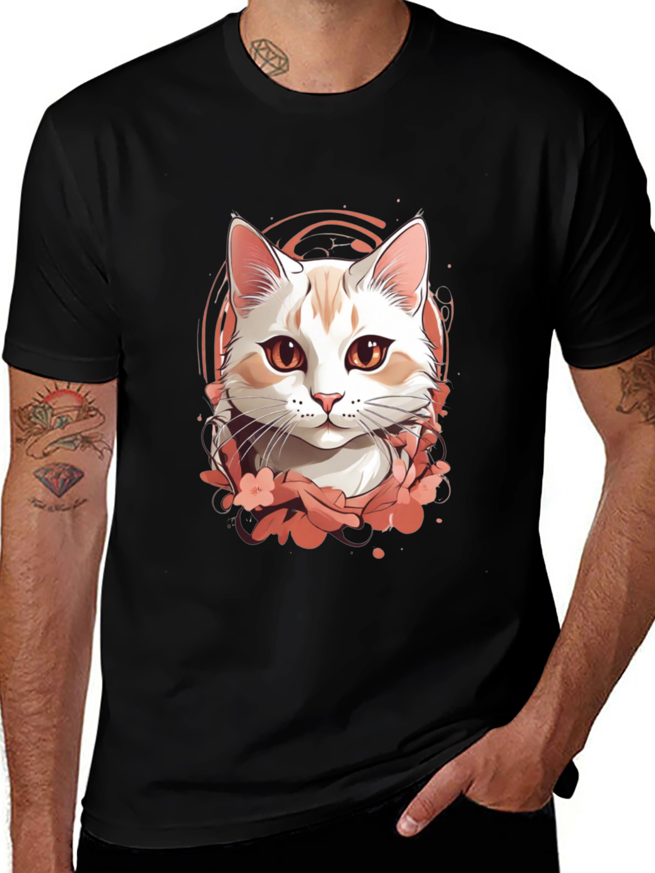 Mens Black T-Shirt with Cat Graphic