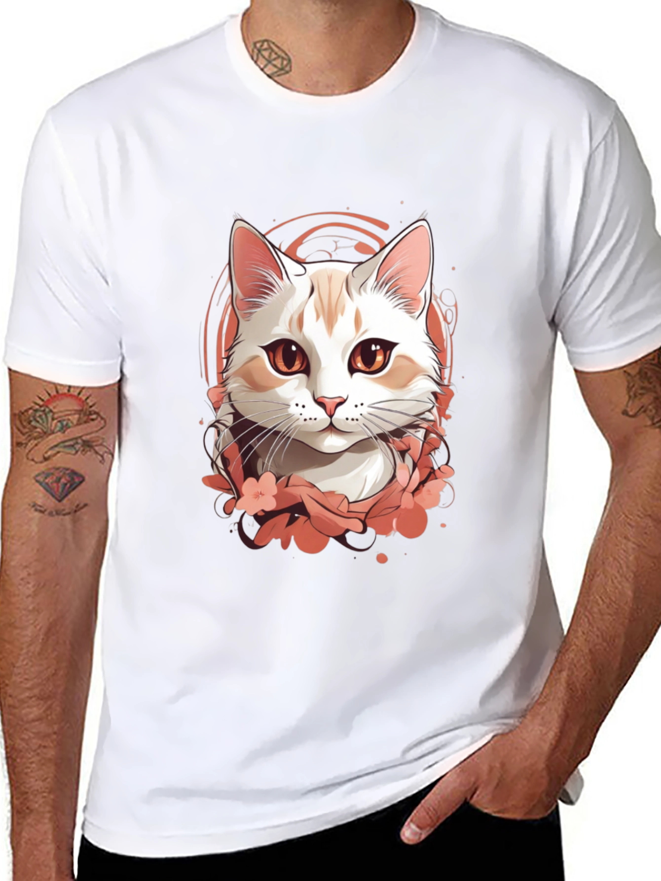 Mens Black T-Shirt with Cat Graphic