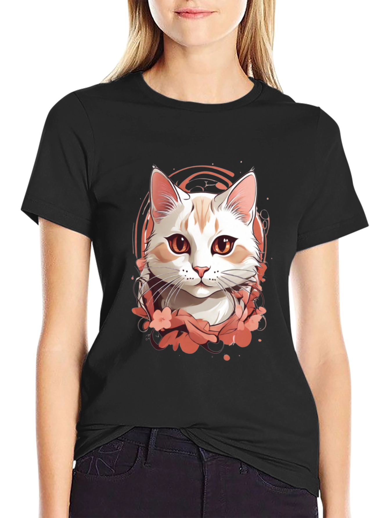 Mens Black T-Shirt with Cat Graphic