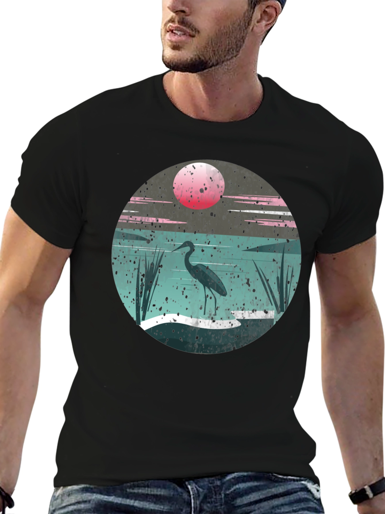 Heron Sunset Graphic Tee - Unique Nature Design