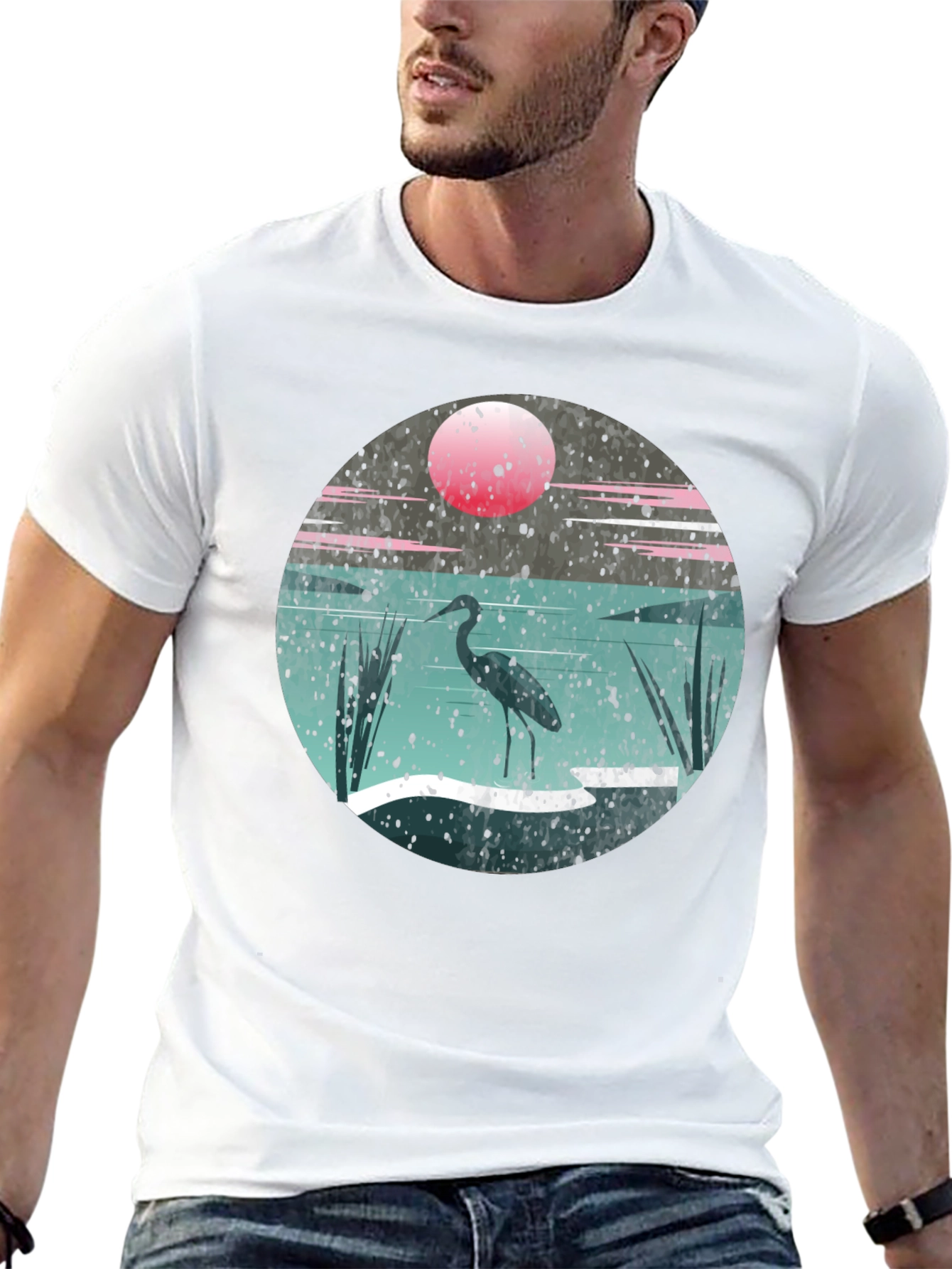 Heron Sunset Graphic Tee - Unique Nature Design