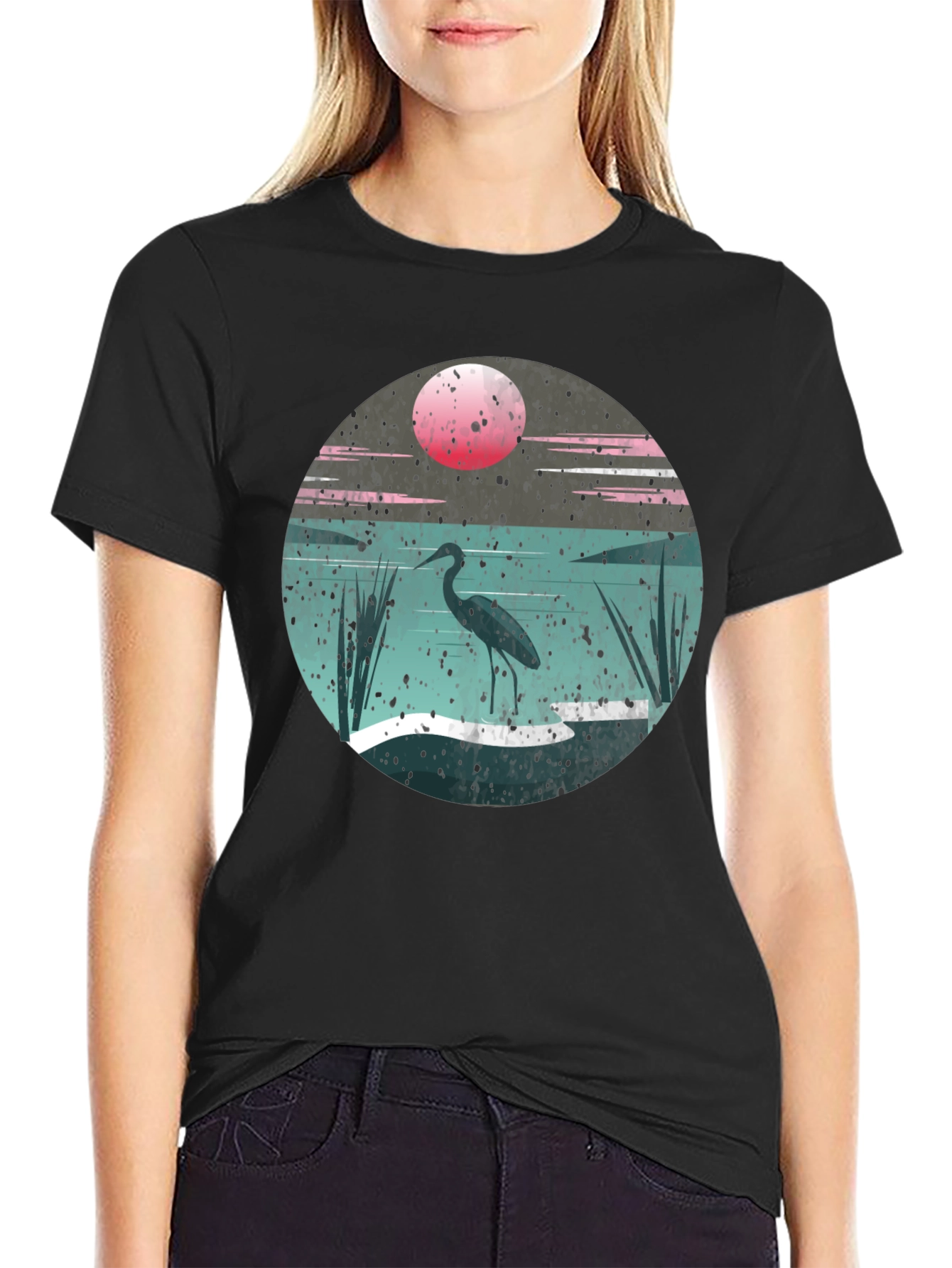 Heron Sunset Graphic Tee - Unique Nature Design