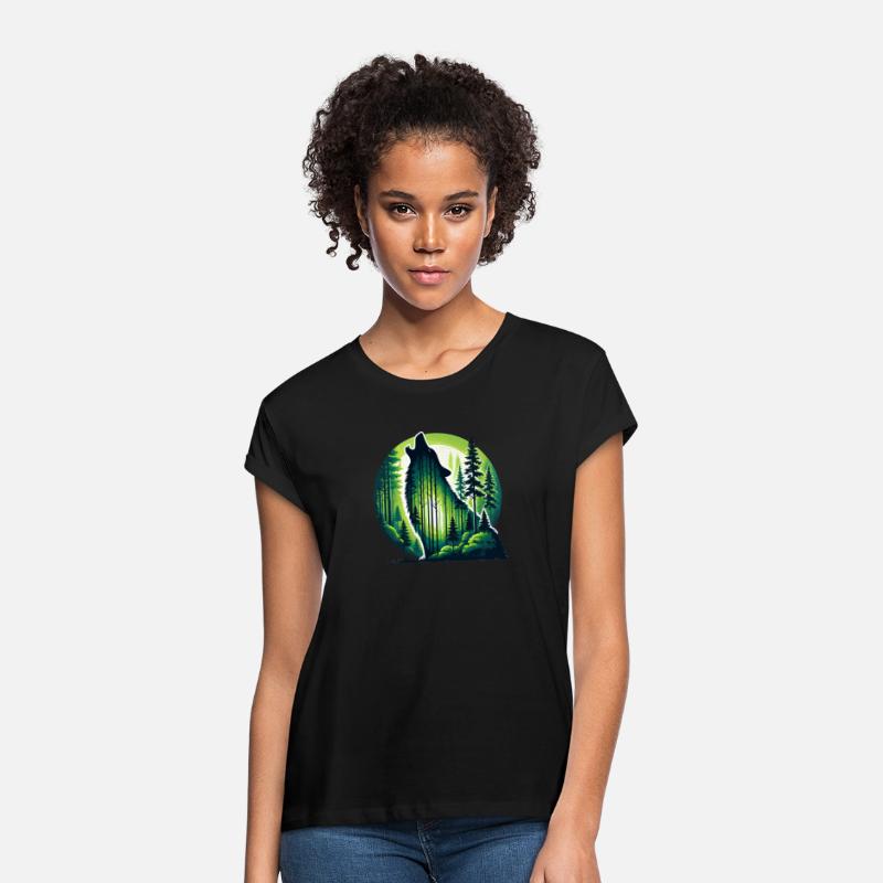 Silhouette howling wolf with green forest
