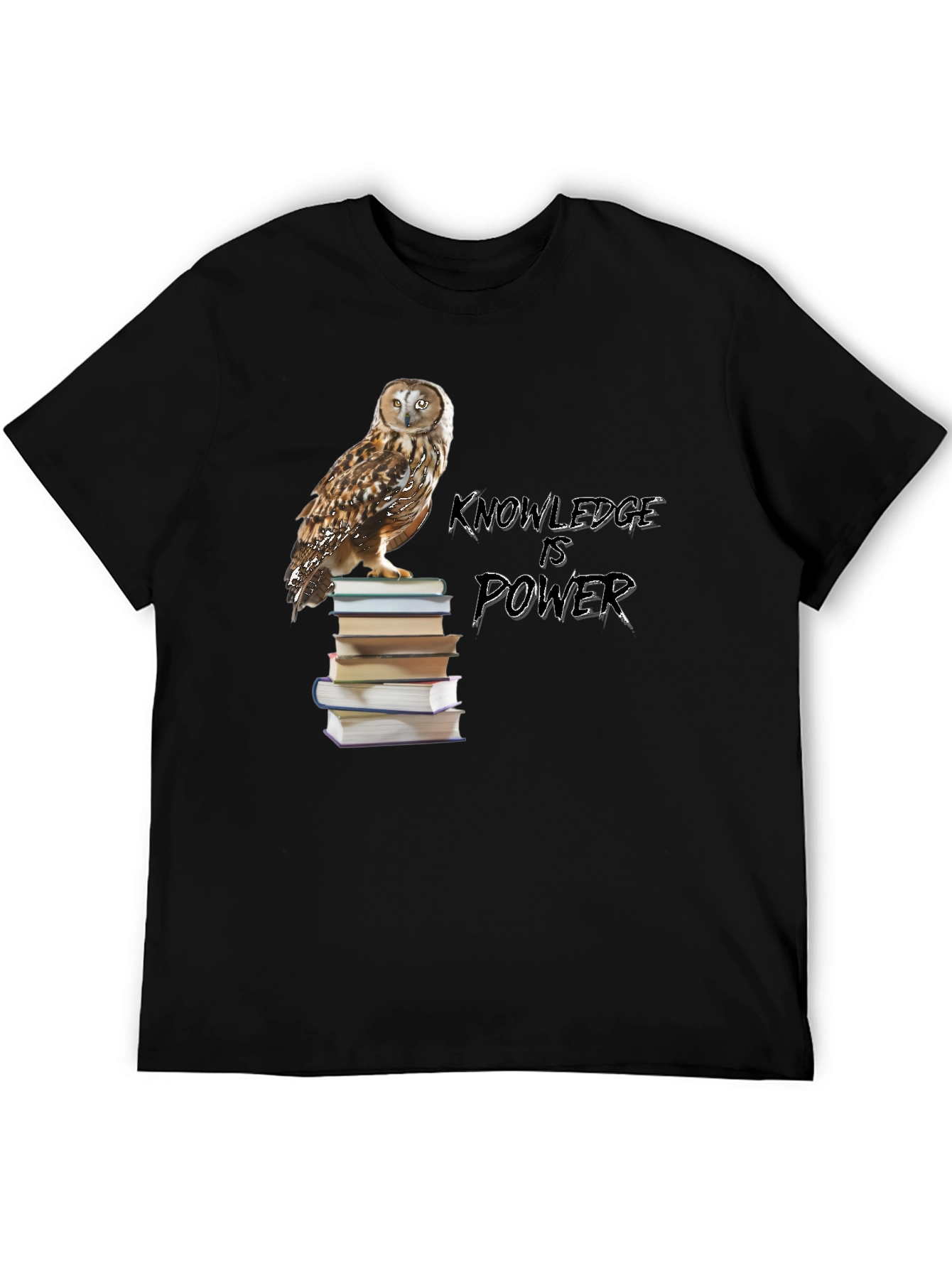 Owl on Books Knowledge is Power Black T-Shirt