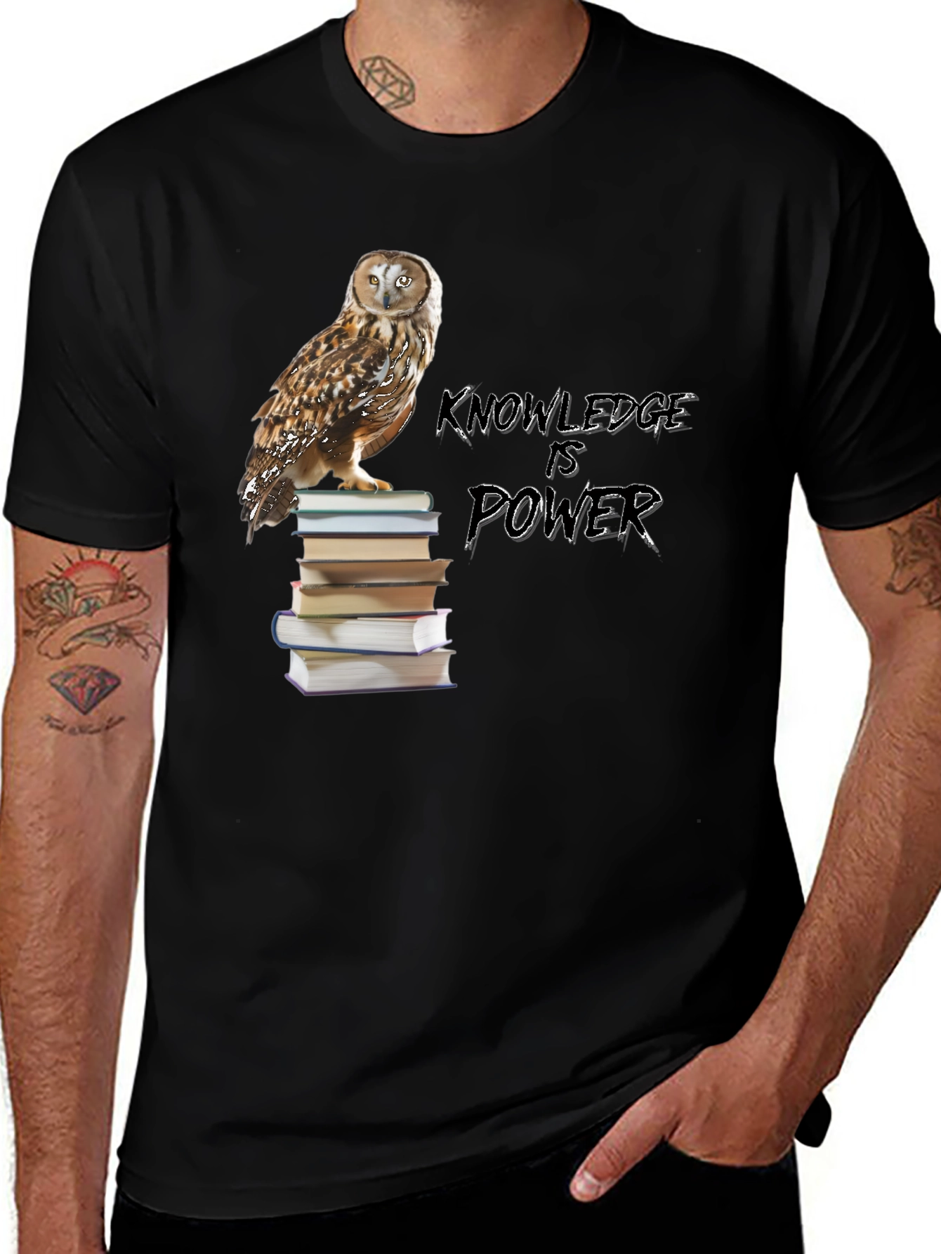 Owl on Books Knowledge is Power Black T-Shirt