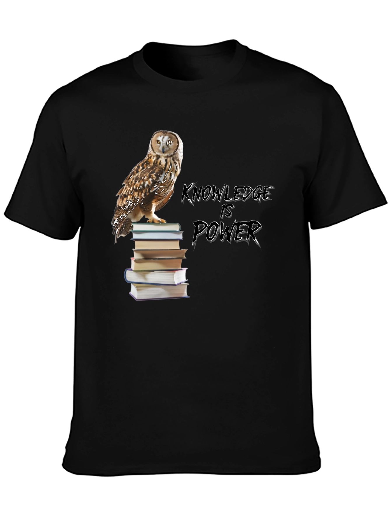 Owl on Books Knowledge is Power Black T-Shirt