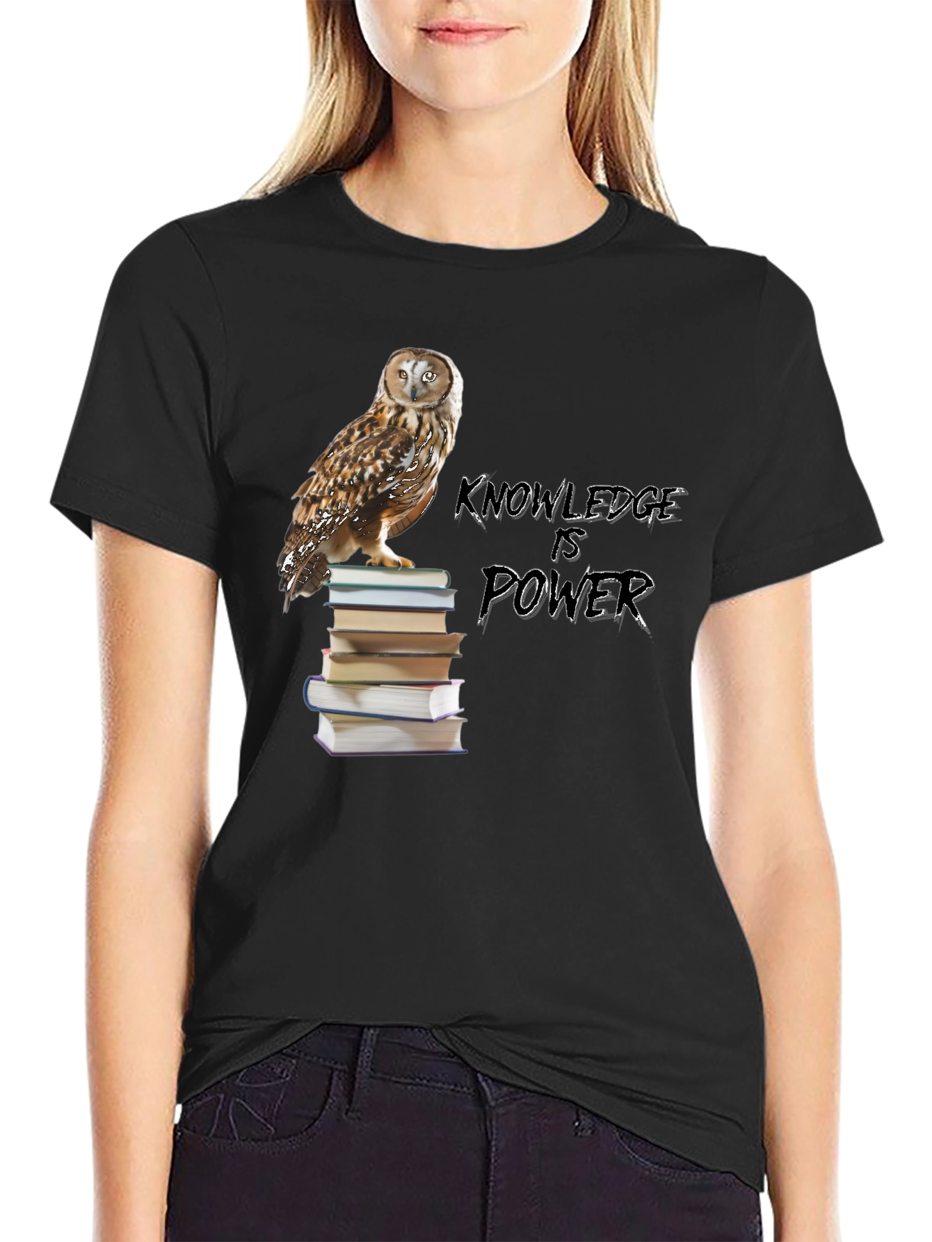 Owl on Books Knowledge is Power Black T-Shirt