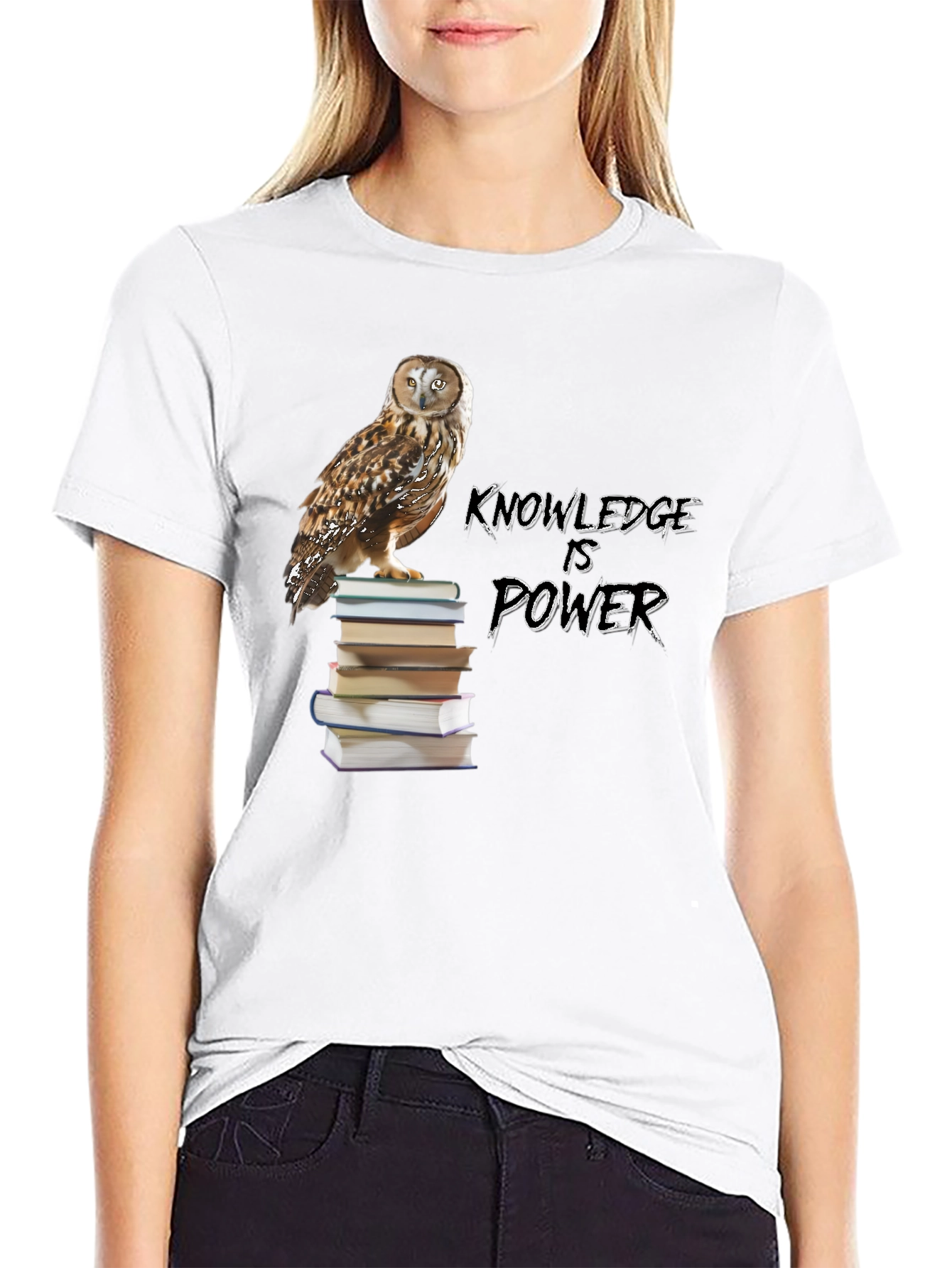 Owl on Books Knowledge is Power Black T-Shirt