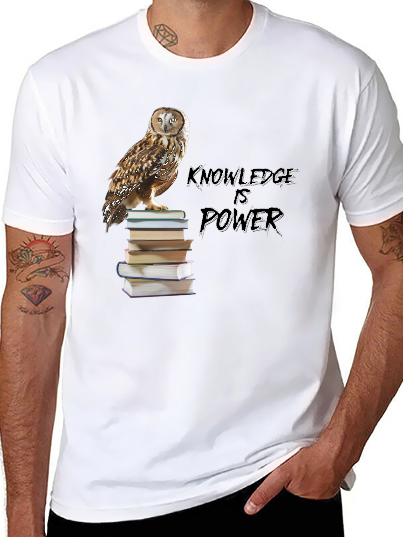 Owl on Books Knowledge is Power Black T-Shirt