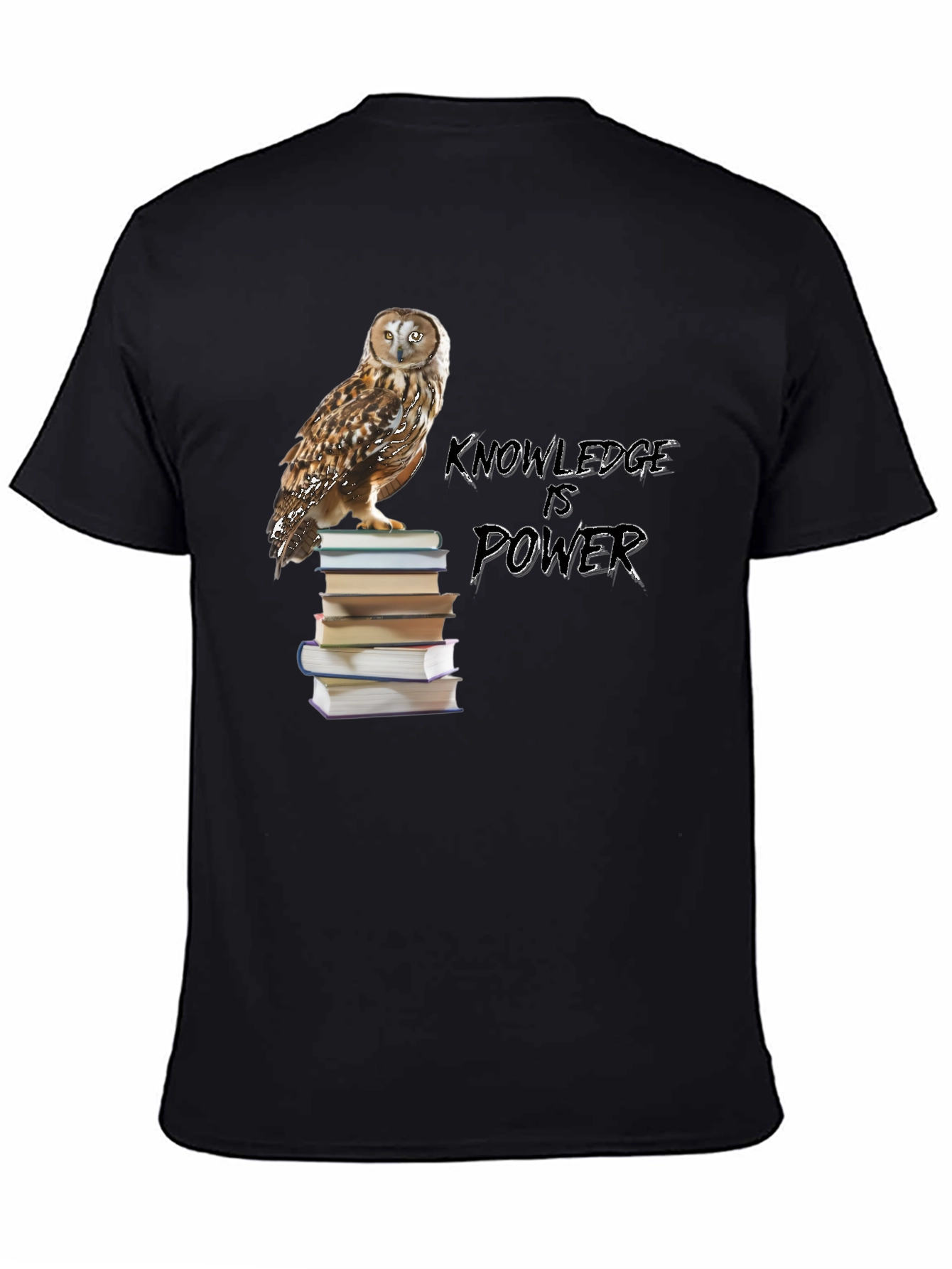 Owl on Books Knowledge is Power Black T-Shirt