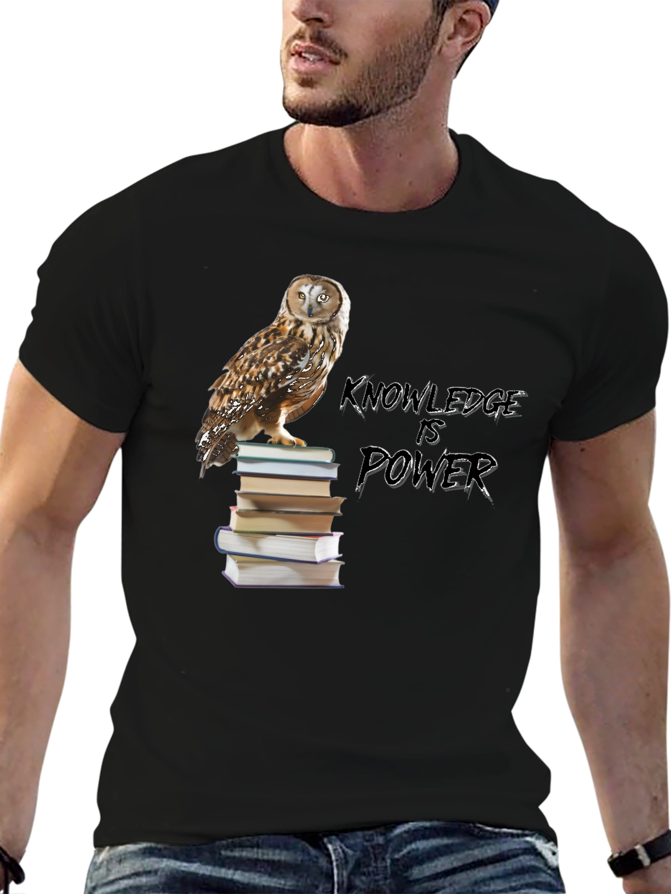 Owl on Books Knowledge is Power Black T-Shirt