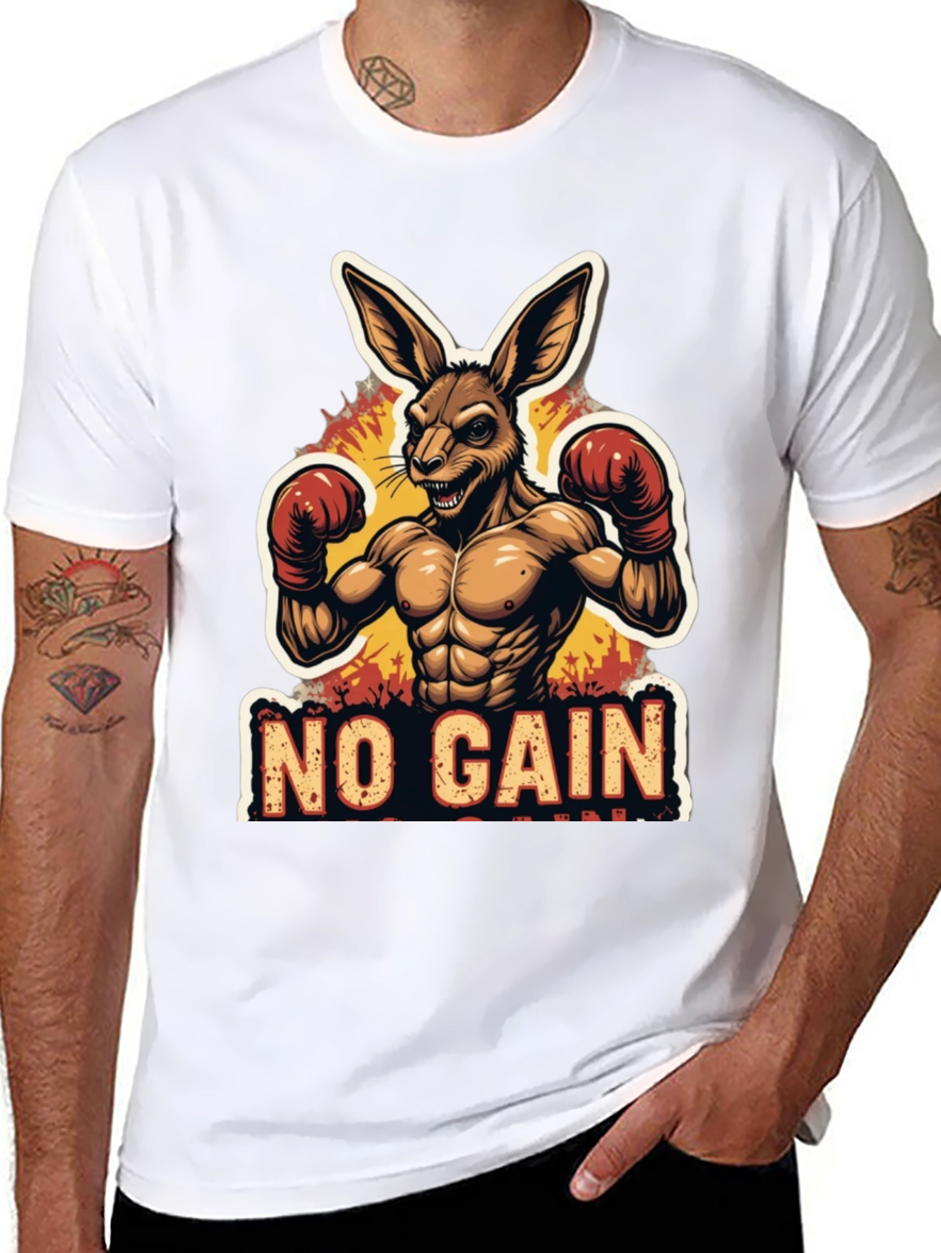 No Gain T-Shirt Kangaroo Boxer Design Black Tee