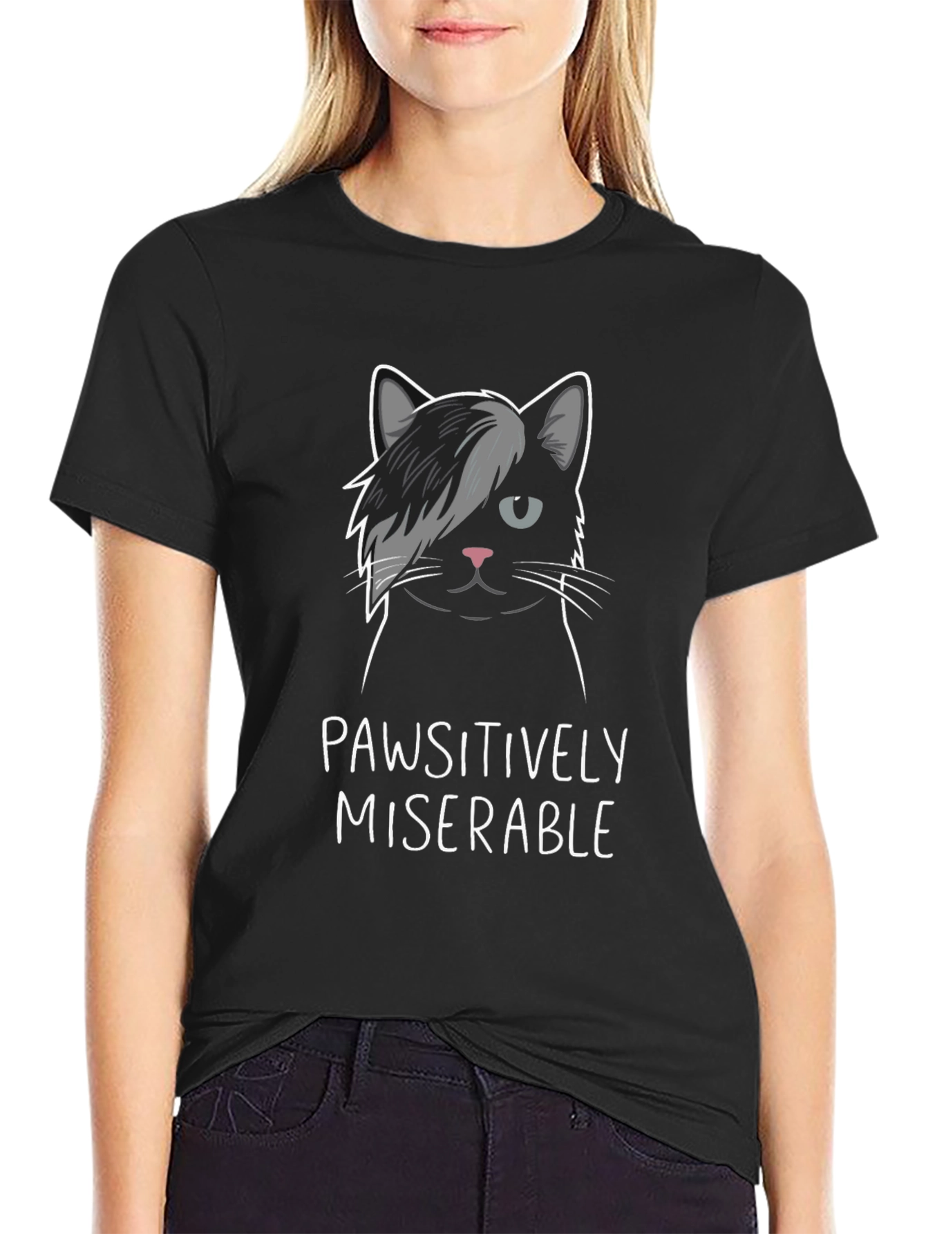 Pawsitively Miserable Cat Graphic T-Shirt