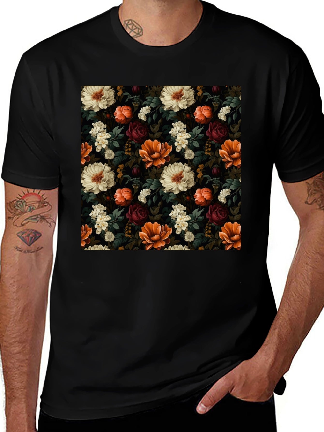 Floral Print Mens Black T-Shirt