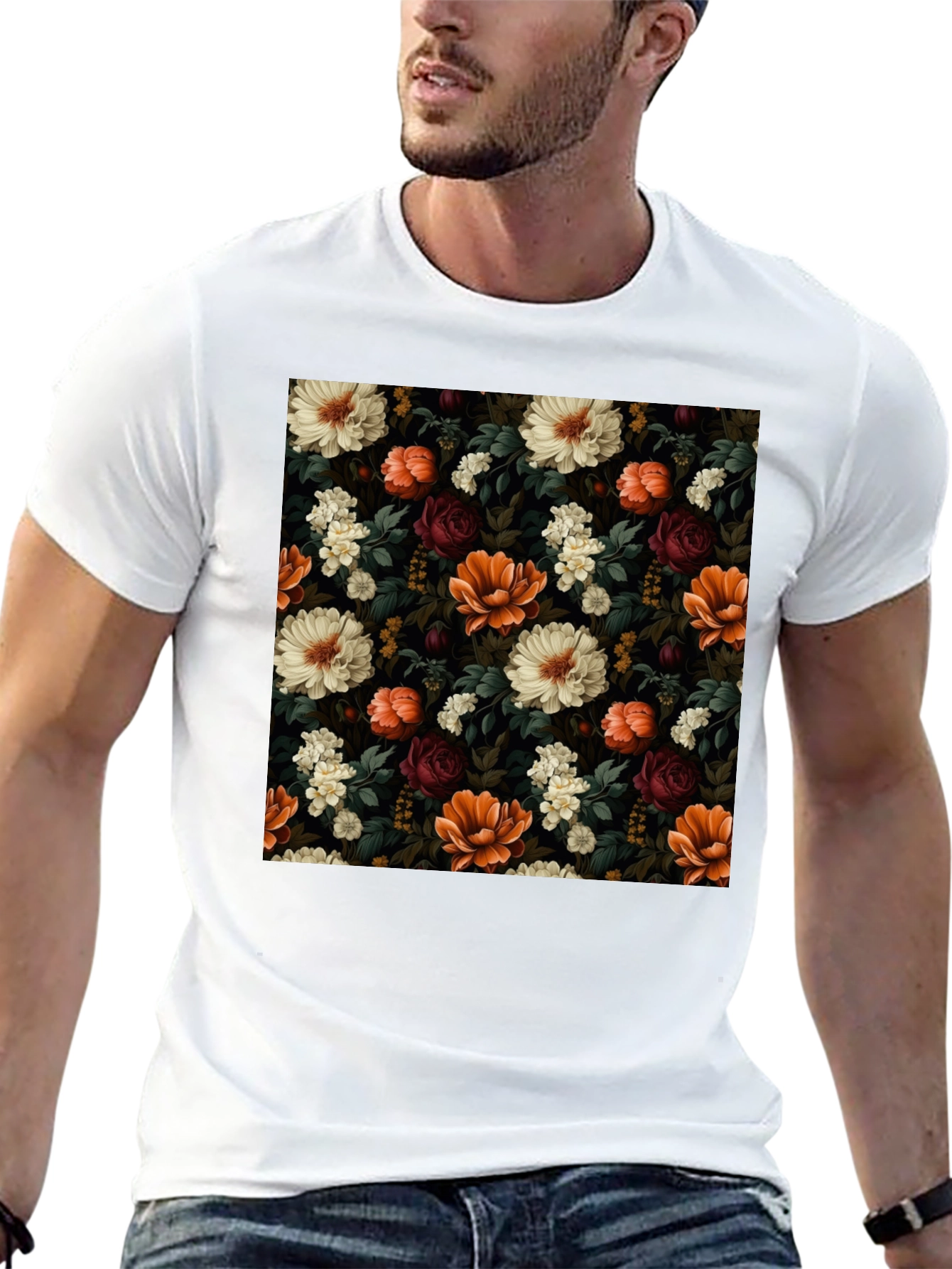 Floral Print Mens Black T-Shirt