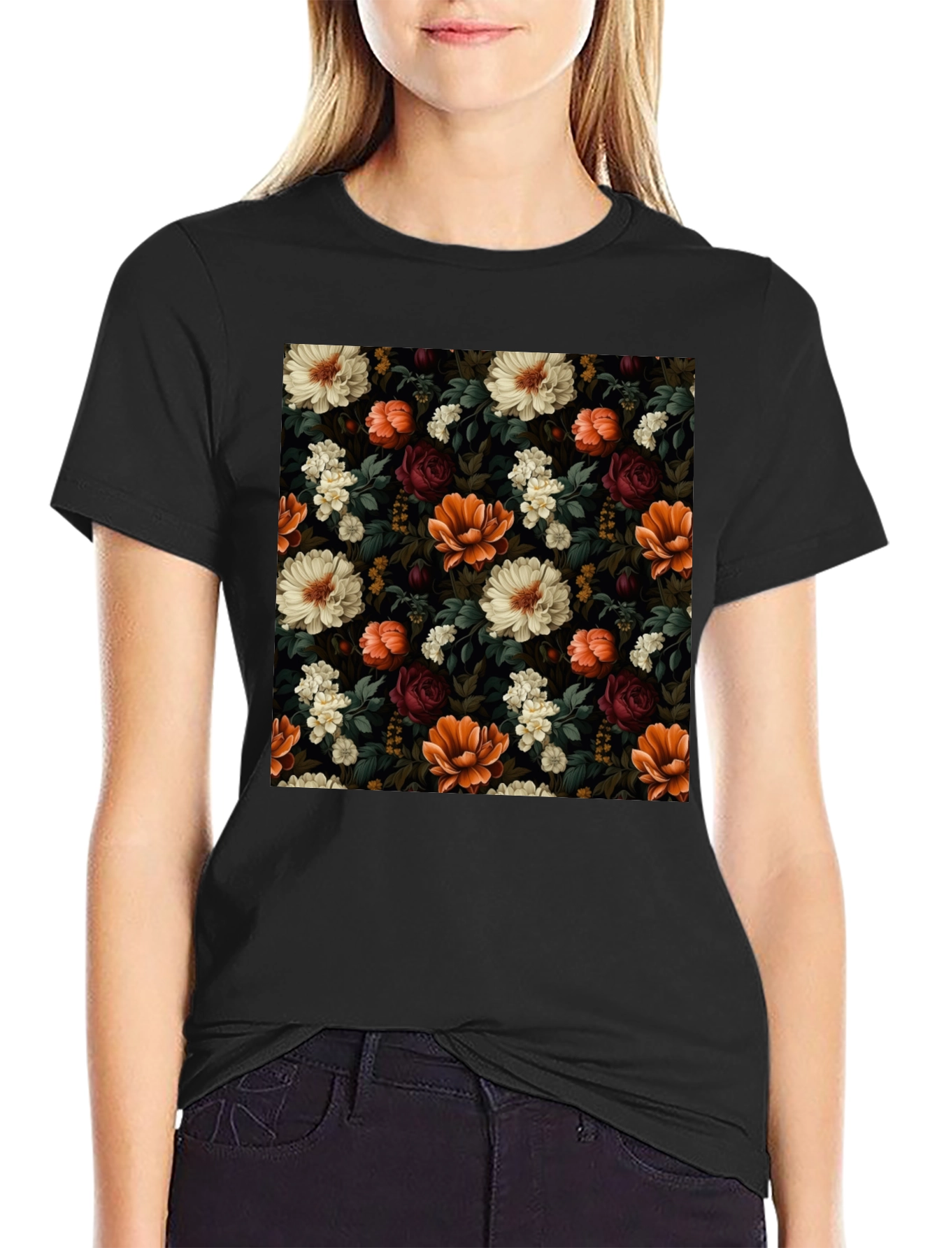 Floral Print Mens Black T-Shirt