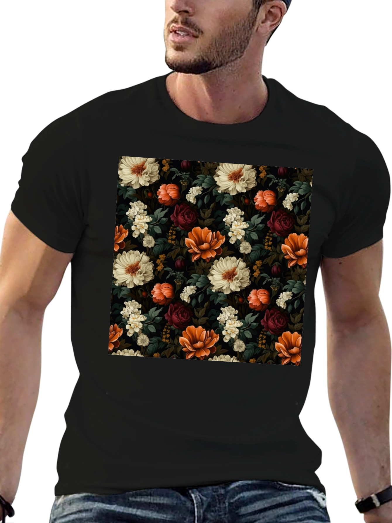 Floral Print Mens Black T-Shirt