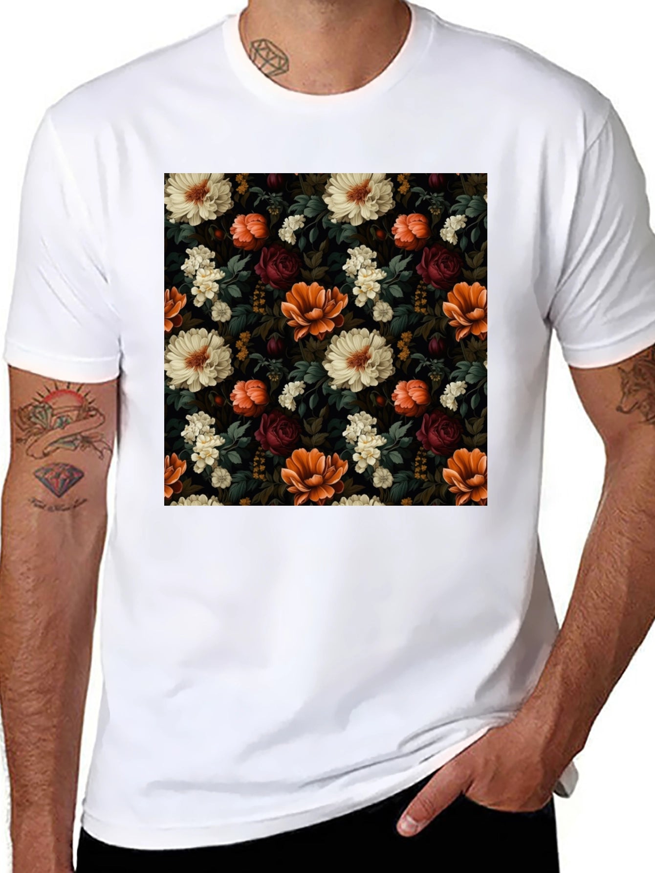 Floral Print Mens Black T-Shirt