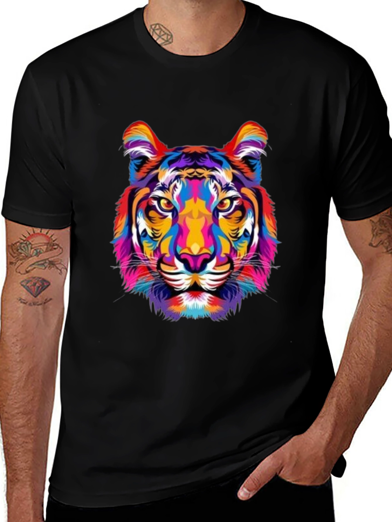 Vibrant Tiger Graphic Print Black T-Shirt