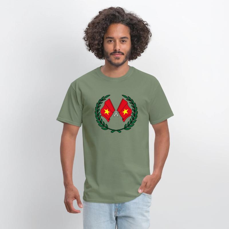 Two flags of Vietnam in green laurel wreath