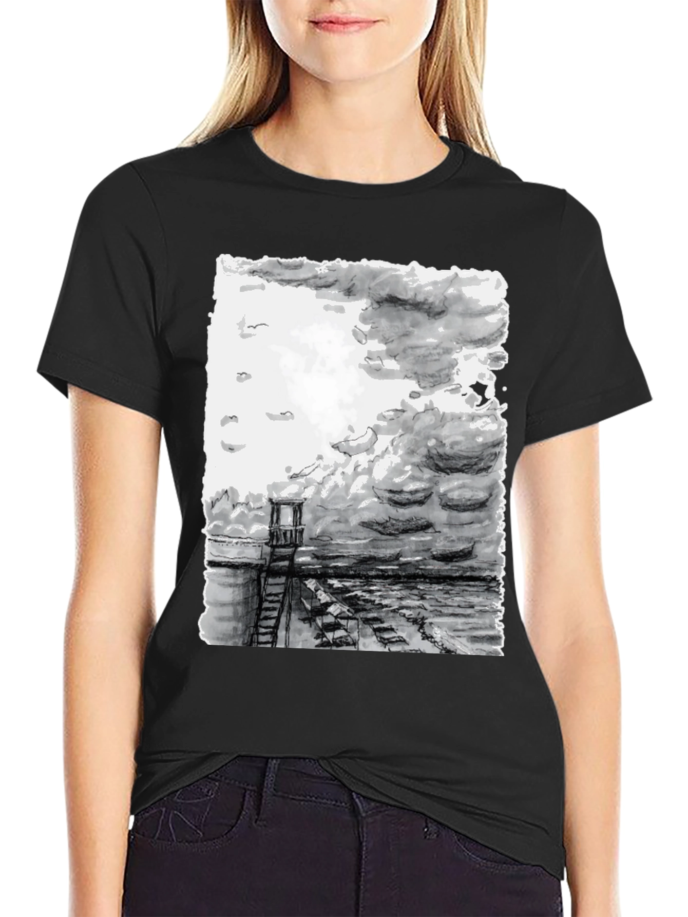 Monochrome Seaside Sketch Tee