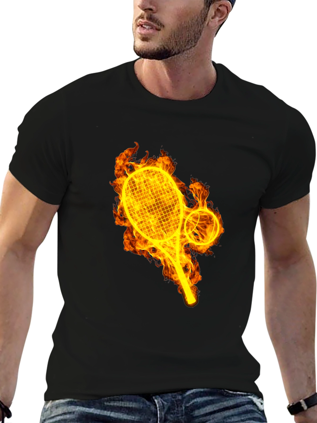 Fiery Tennis Graphic Tee - Black Cotton T-Shirt