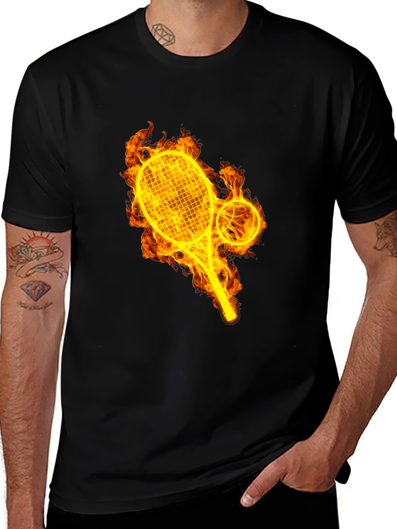 Fiery Tennis Graphic Tee - Black Cotton T-Shirt