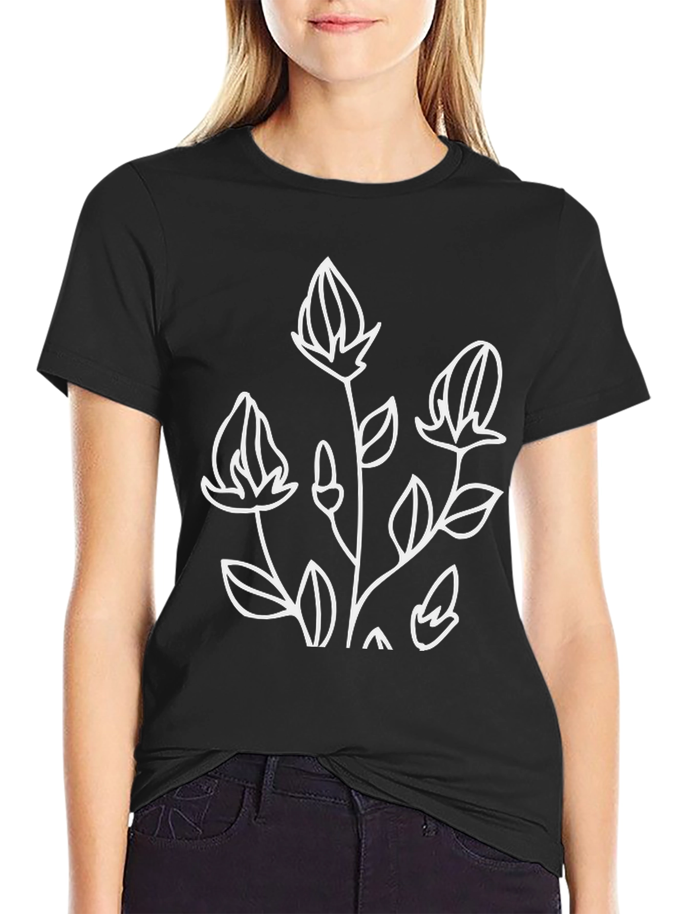 Black Cotton Tee with Floral Design