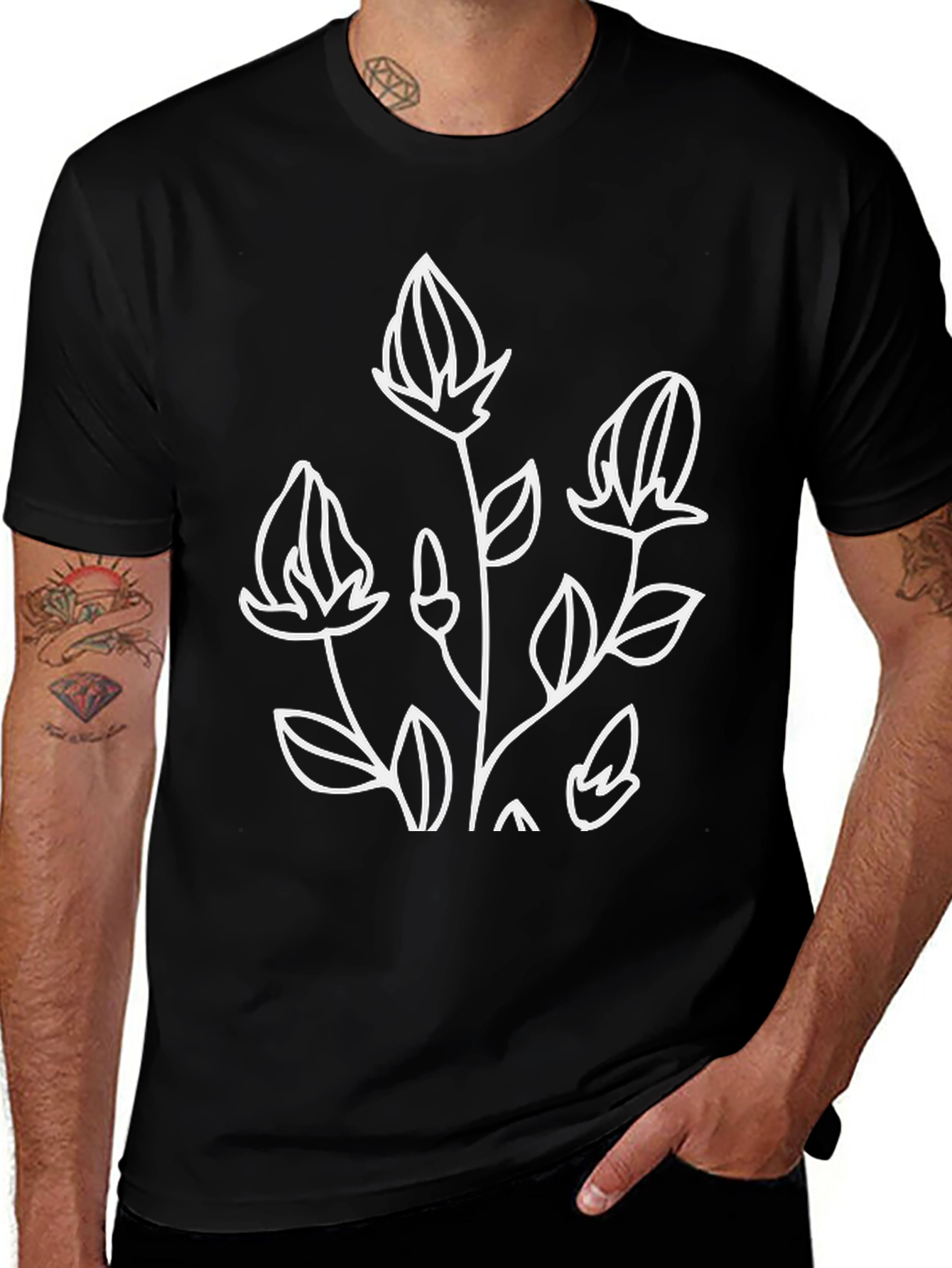 Black Cotton Tee with Floral Design