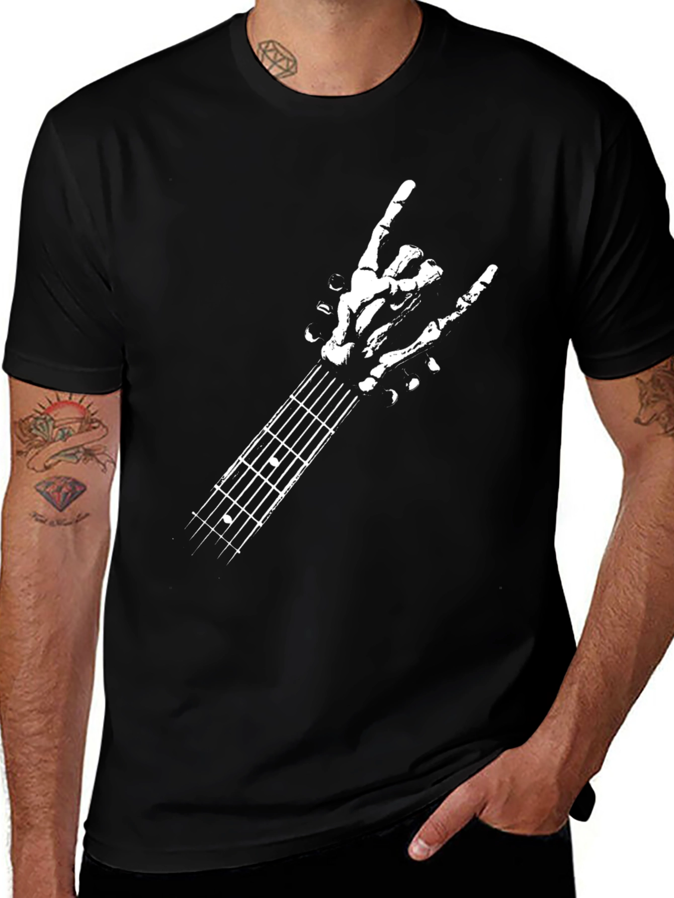 Rock On Skeleton Hand Guitar T-Shirt - Black