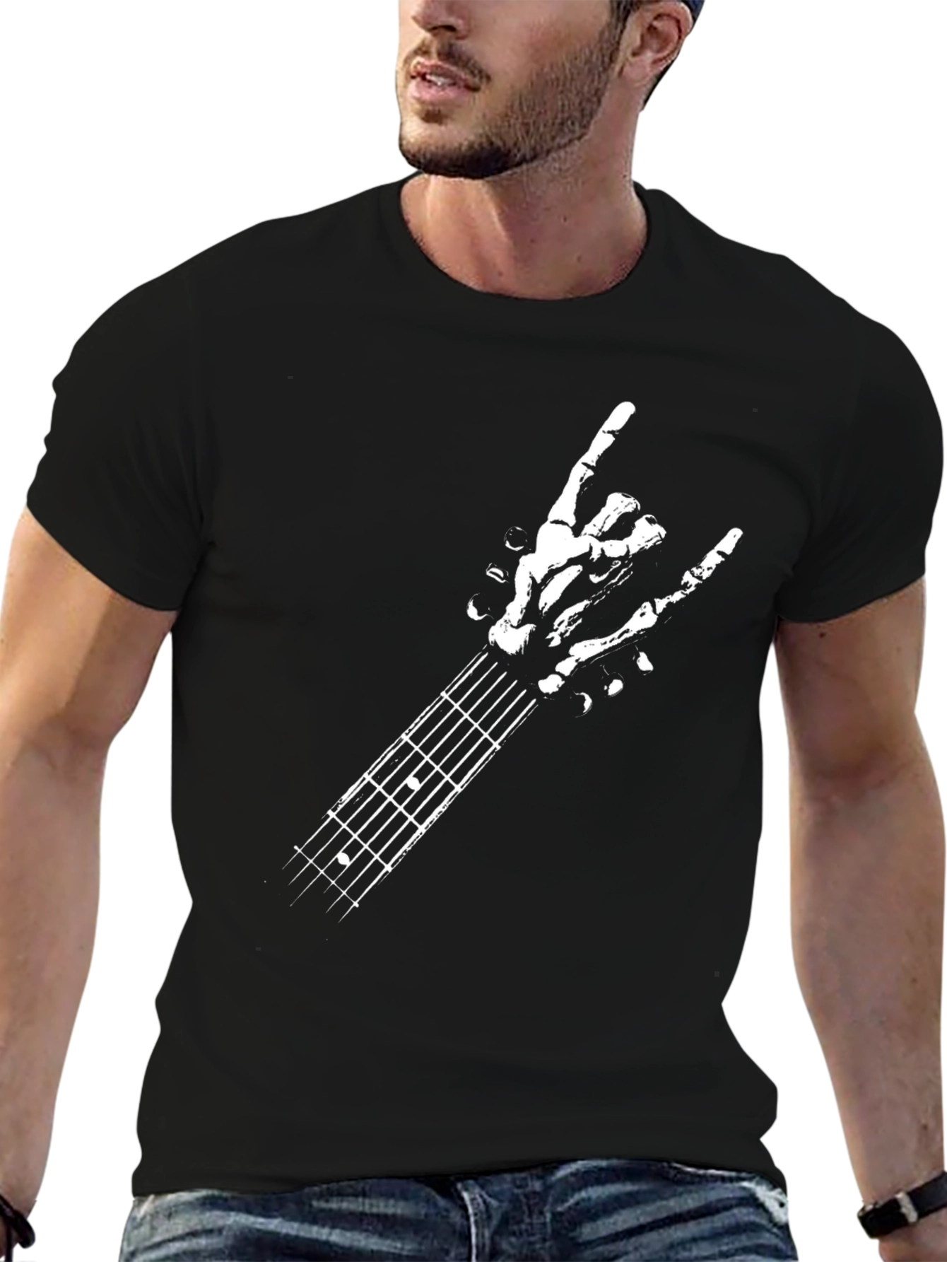 Rock On Skeleton Hand Guitar T-Shirt - Black