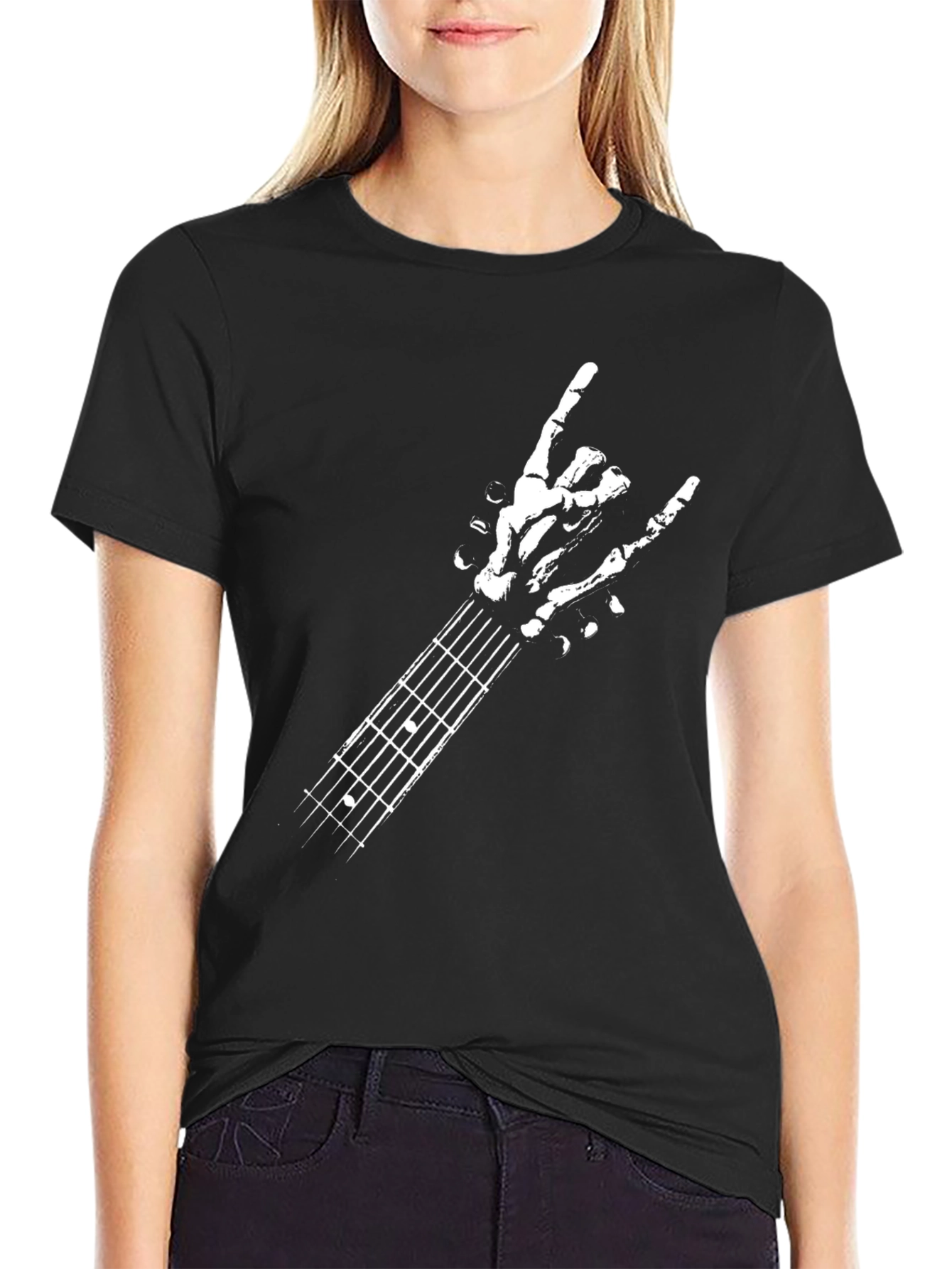 Rock On Skeleton Hand Guitar T-Shirt - Black