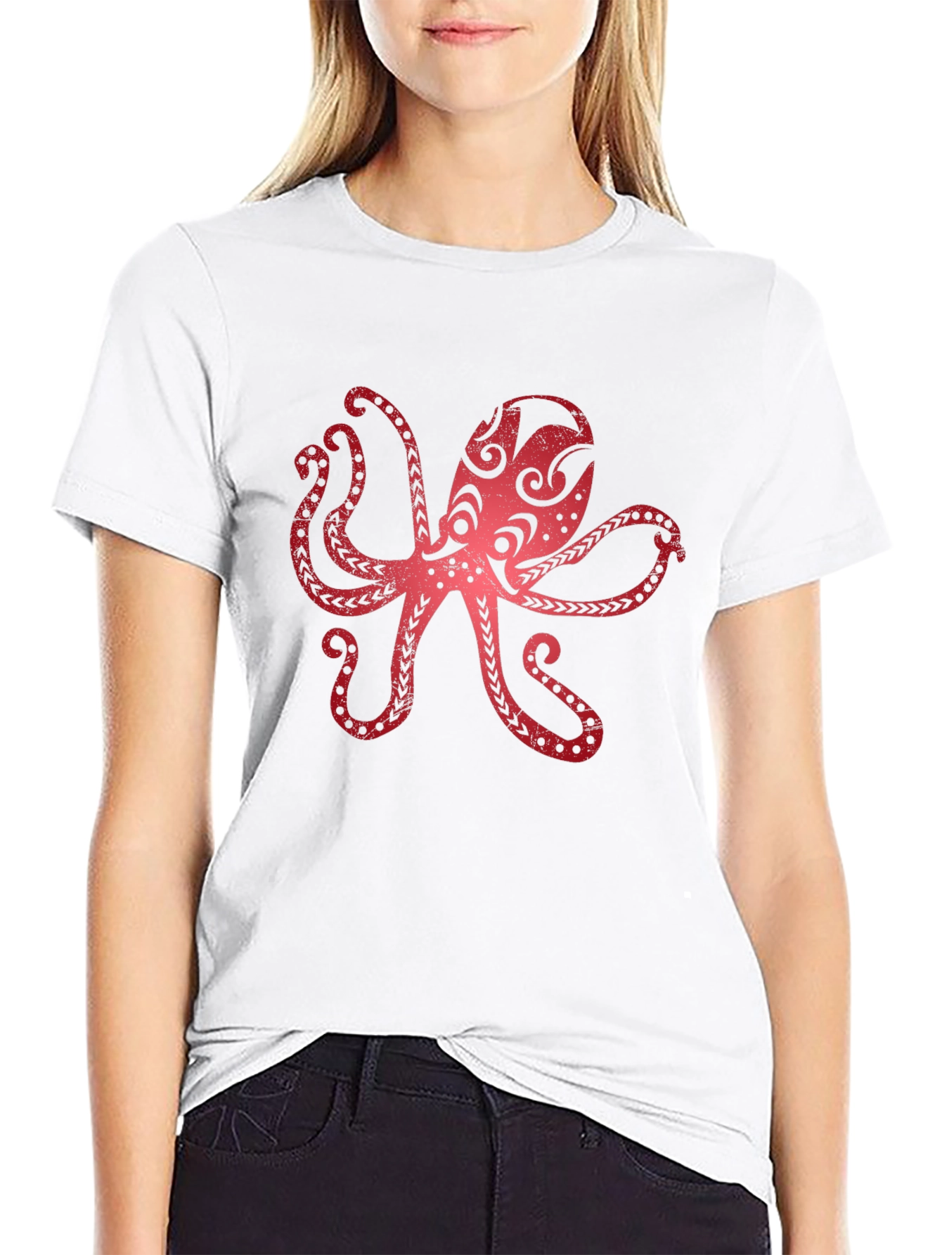 Red Octopus Graphic Black T-Shirt