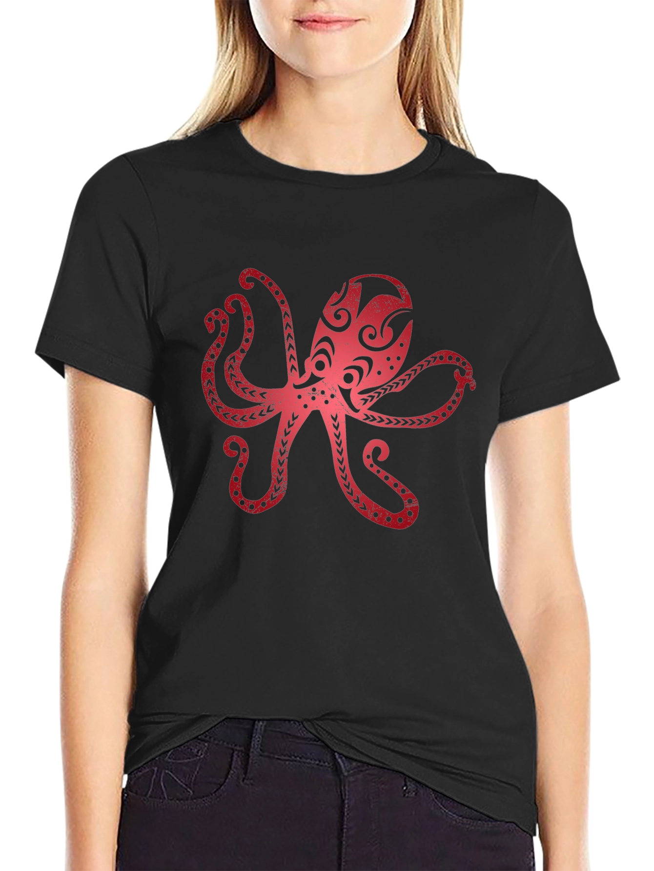 Red Octopus Graphic Black T-Shirt
