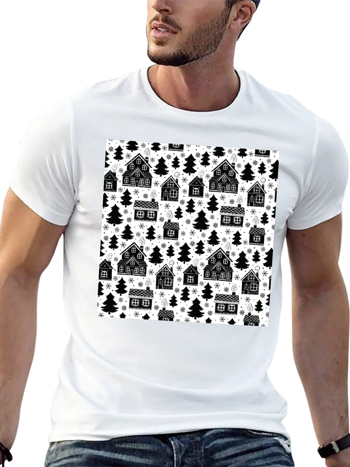 Winter Village Pattern T-Shirt - Cozy Holiday Style